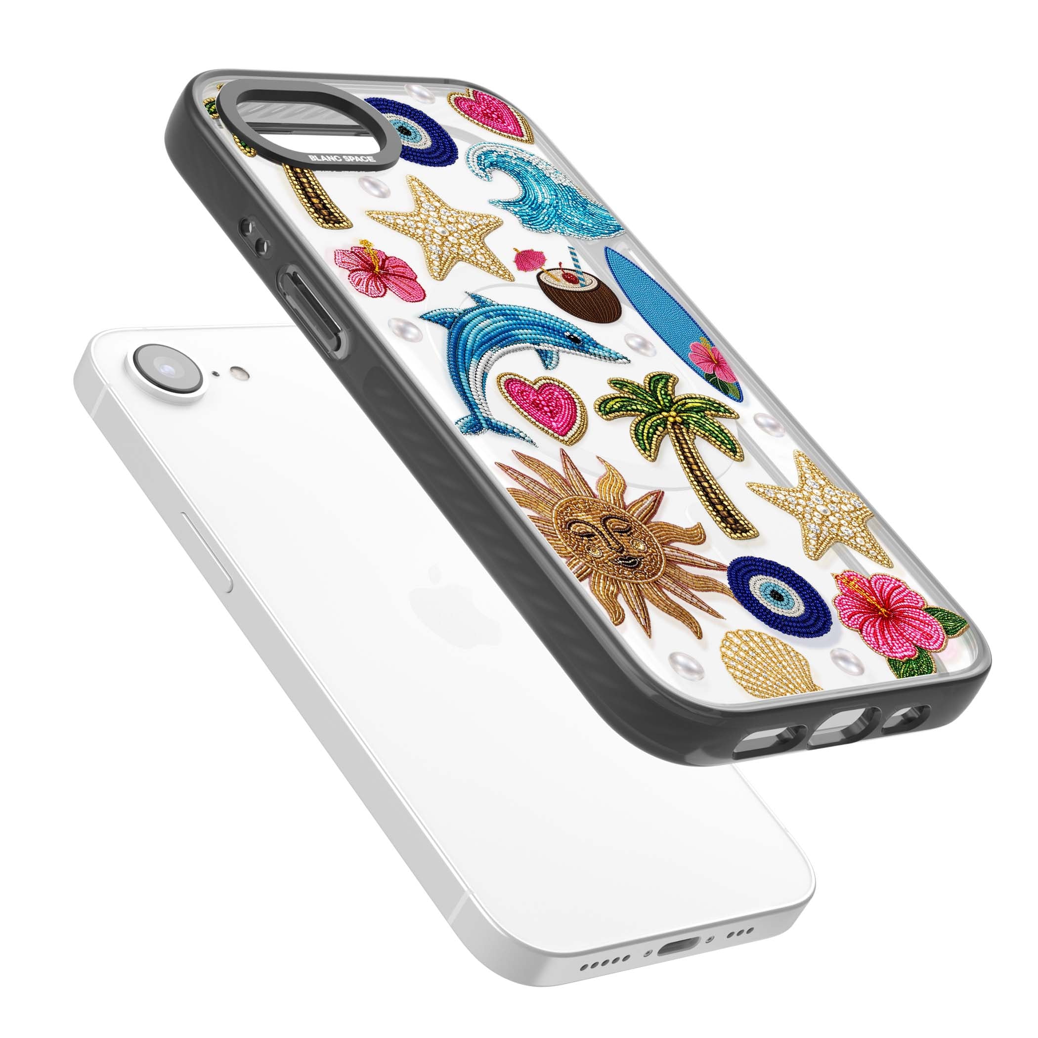 Beaded Beach coastal summer iPhone case featuring embroidered evil eye, hibiscus flowers, dolphin and palm tree patches | Black Impact Magsafe case for iPhone 16e, iPhone 17e