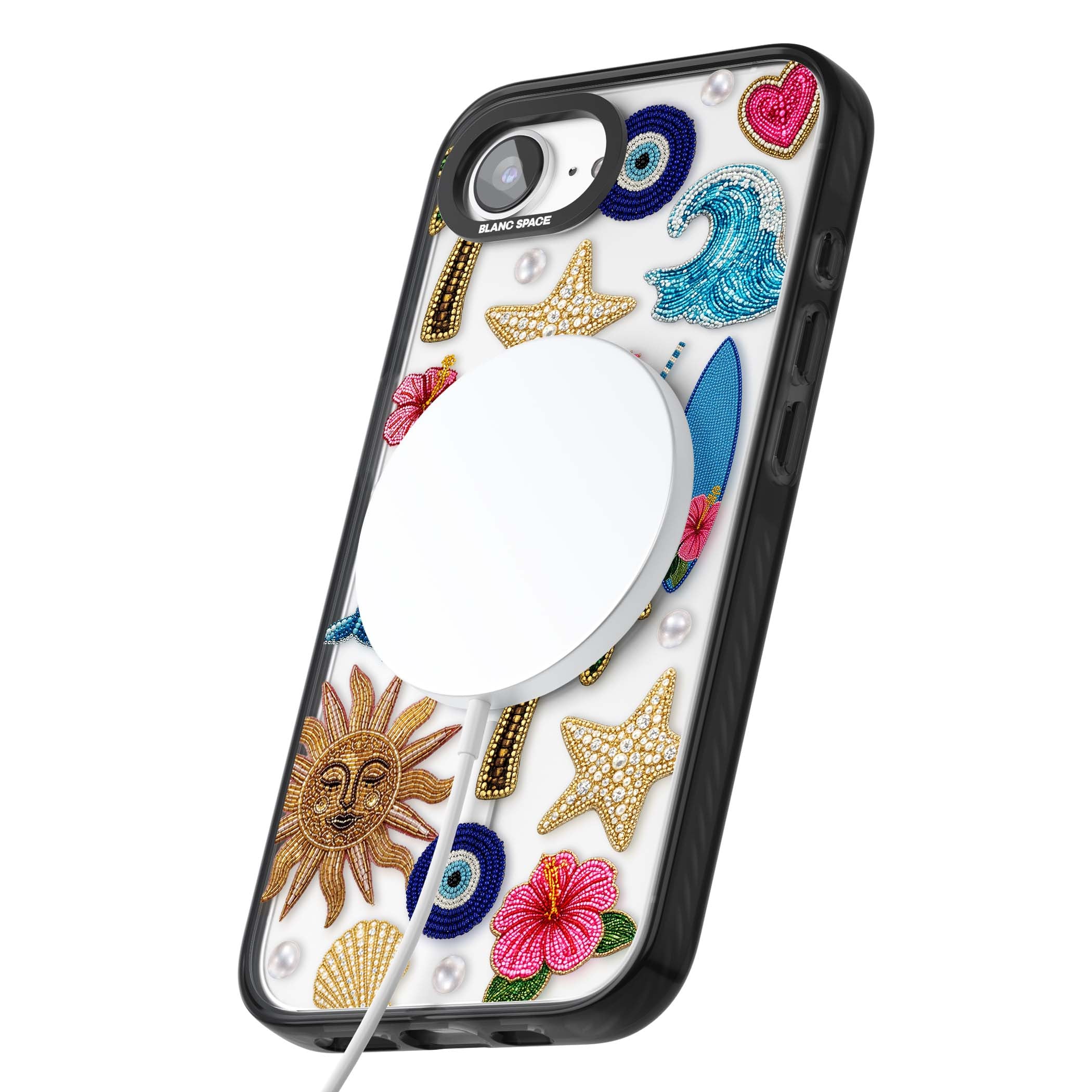 Beaded Beach coastal summer iPhone case featuring embroidered evil eye, hibiscus flowers, dolphin and palm tree patches | Black Impact Magsafe case for iPhone 16e, iPhone 17e