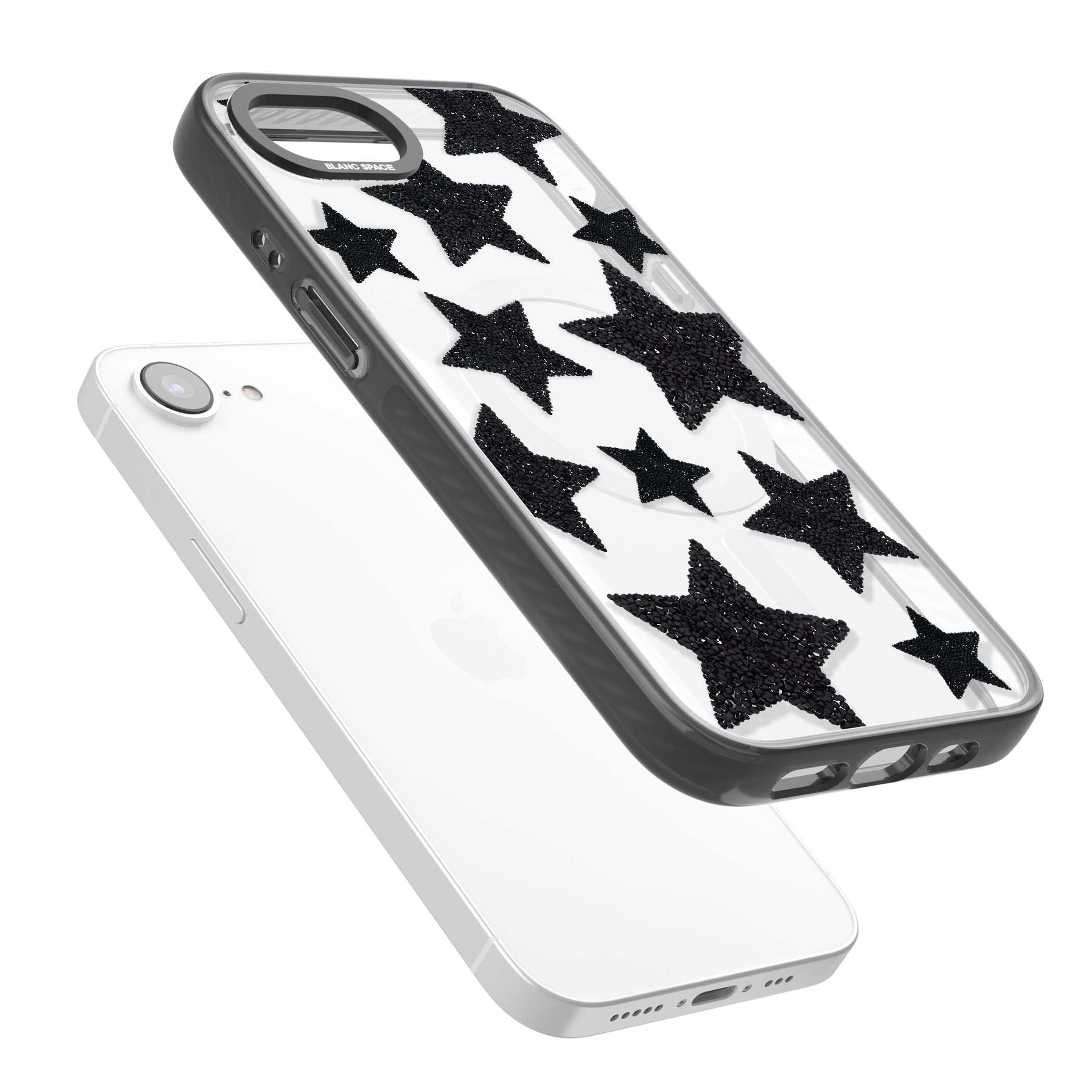 Beaded Black Stars celestial iPhone case featuring black glitter beaded stars scattered on a clear background | Black Impact Magsafe case for iPhone 16e, iPhone 17e