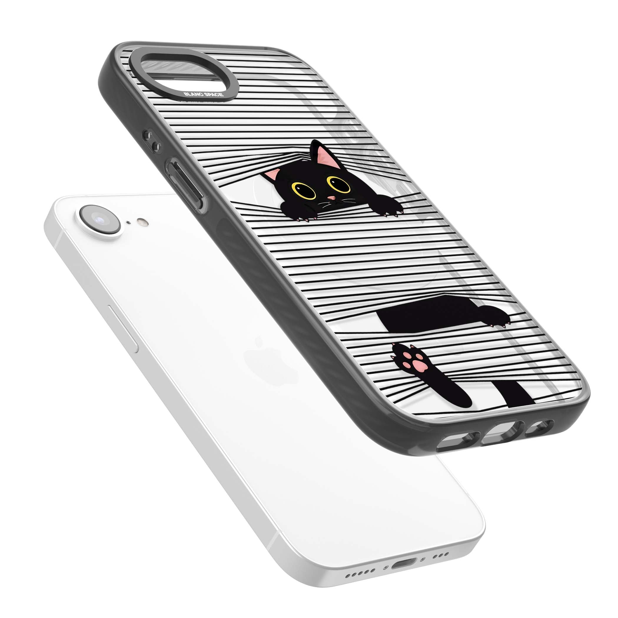 Peek-a-Boo Cat minimal iPhone case featuring black cat peeking through horizontal black and white stripes | Black Impact Magsafe case for iPhone 16e, iPhone 17e