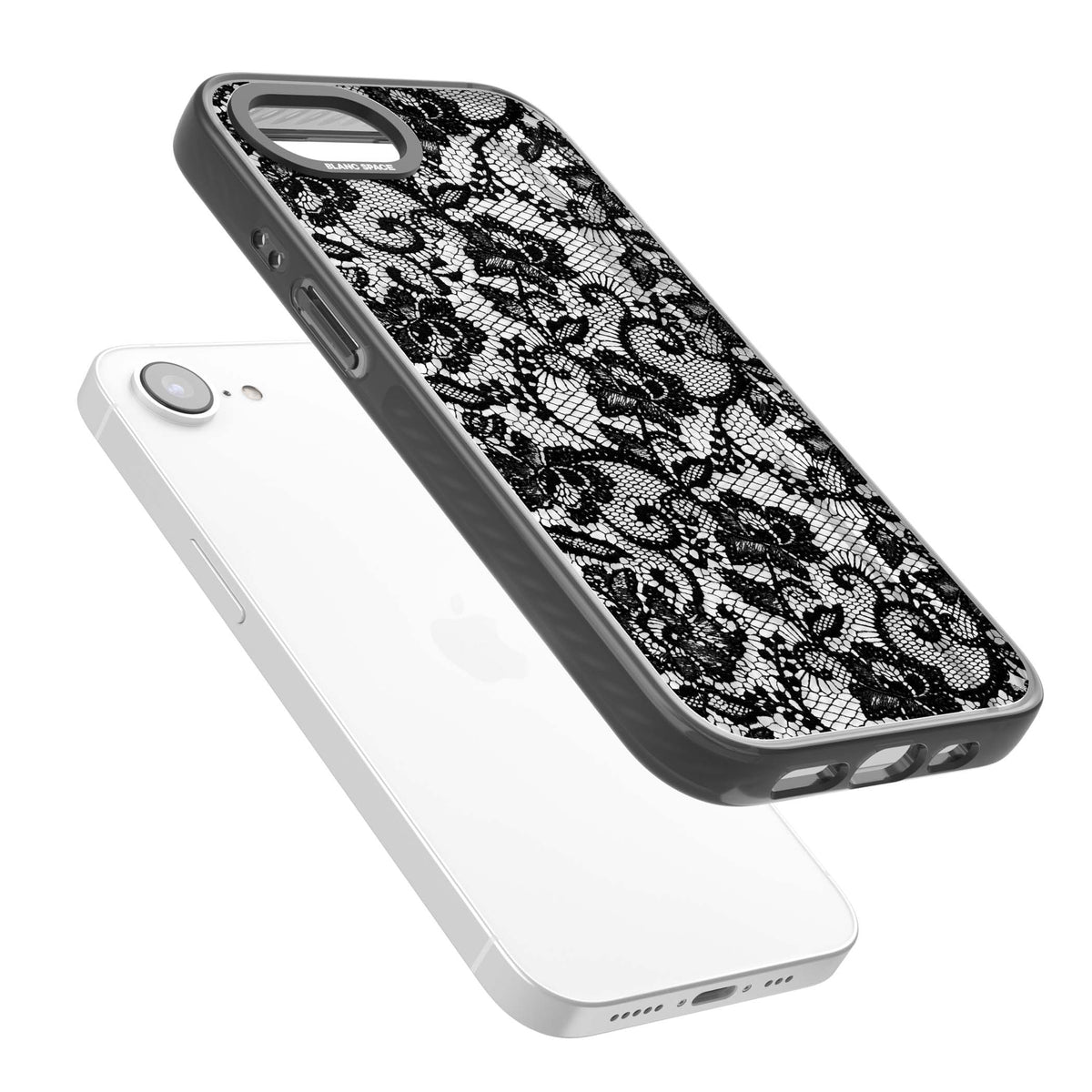 Black Lace gothic iPhone case featuring intricate black floral lace pattern with vintage whimsigoth detail | Black Impact Magsafe case for iPhone 16e, iPhone 17e