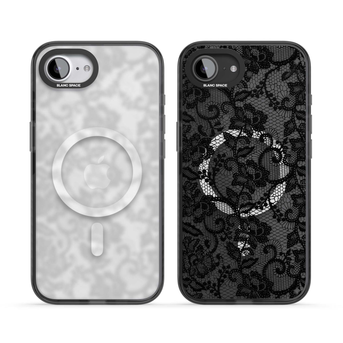 Black Lace gothic iPhone case featuring intricate black floral lace pattern with vintage whimsigoth detail | Black Impact Magsafe case for iPhone 16e, iPhone 17e