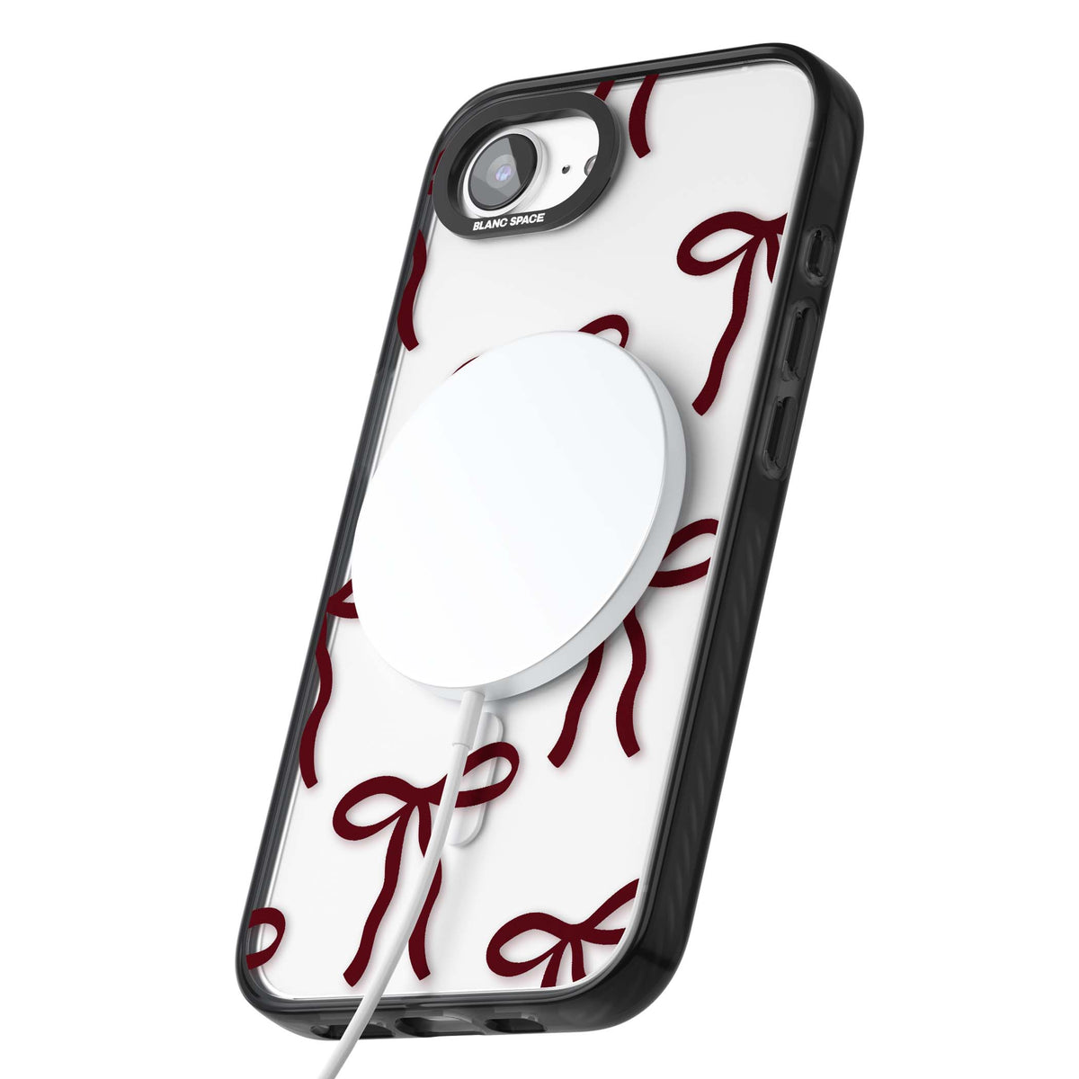 Burgundy Bows coquette iPhone case featuring hand-drawn burgundy red bows on a clear background | Black Impact Magsafe case for iPhone 16e, iPhone 17e