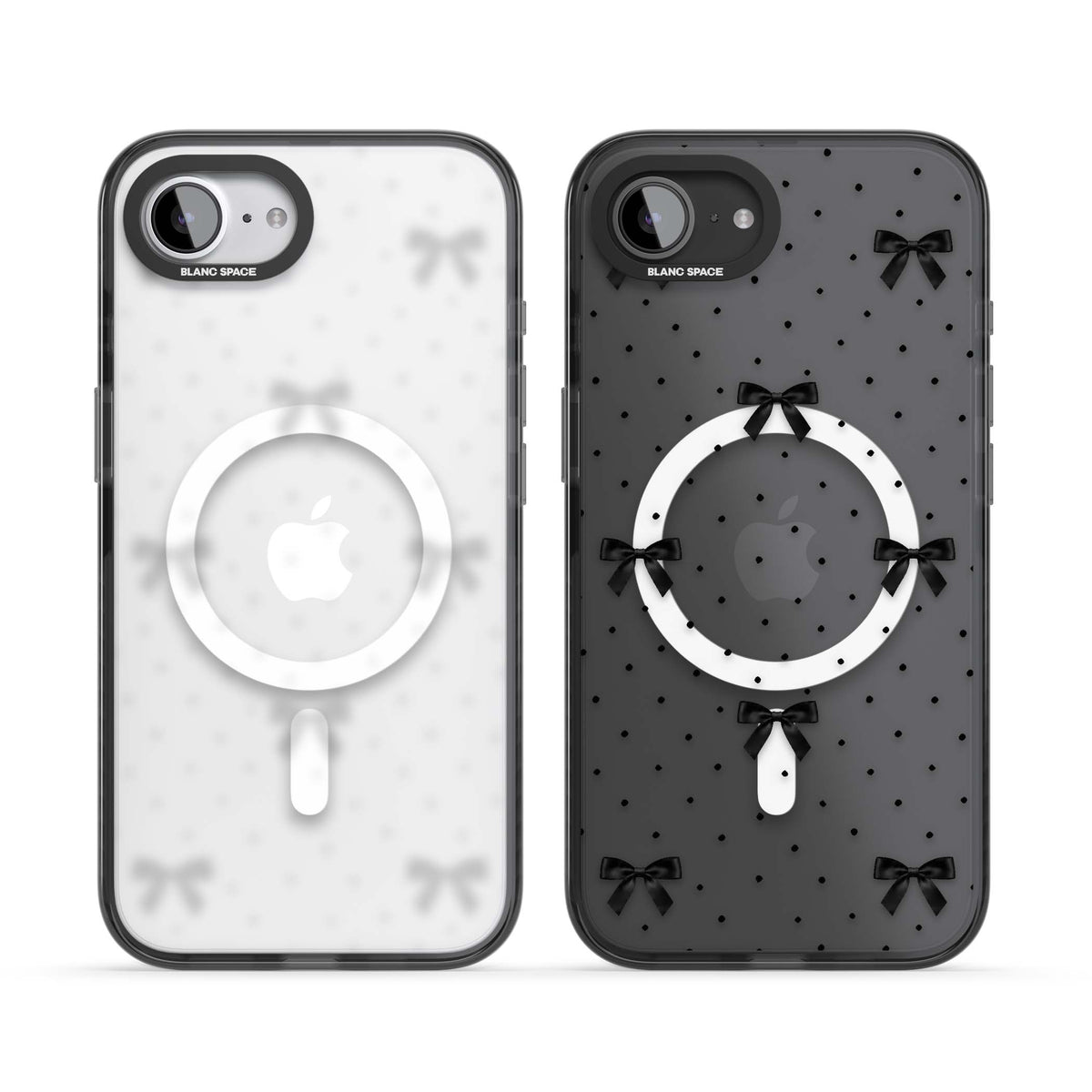 Black Polka Bows coquette iPhone case featuring scattered black satin bows and tiny polka dots on a clear base | Black Impact Magsafe case for iPhone 16e, iPhone 17e