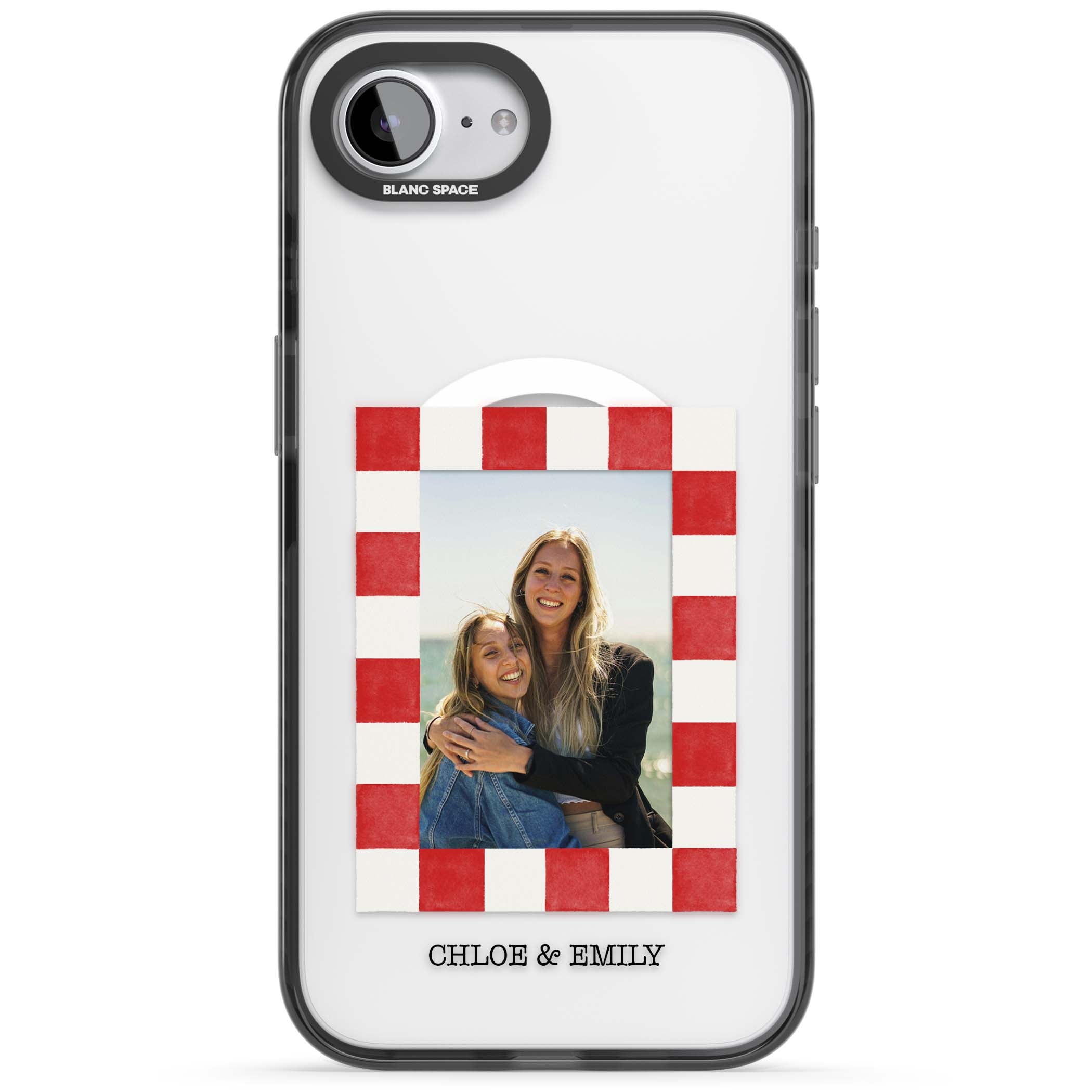 Red Check Photo personalised photo iPhone case with red and white checkered polaroid frame and custom couple name | Black Impact Magsafe case for iPhone 16e, iPhone 17e