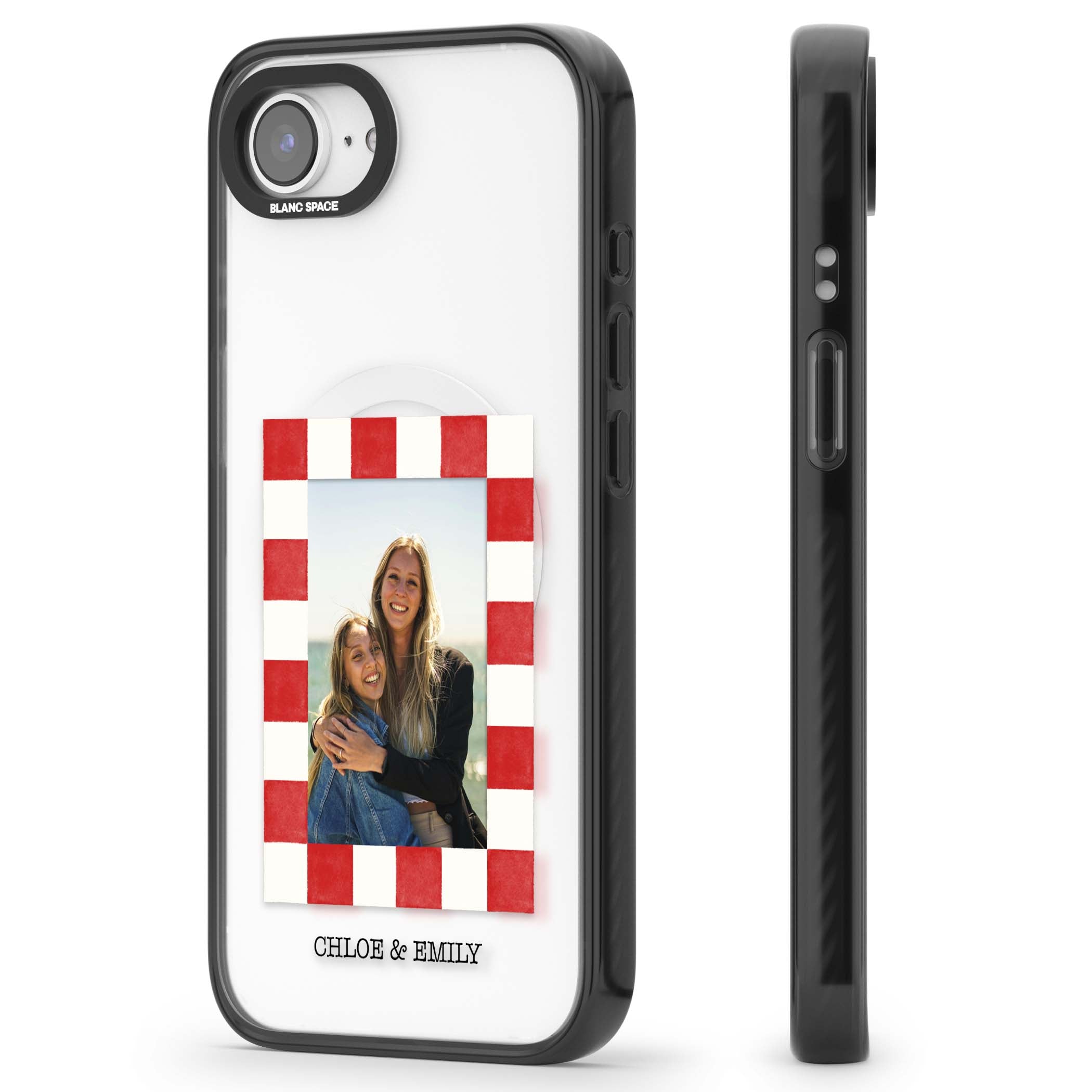 Red Check Photo personalised photo iPhone case with red and white checkered polaroid frame and custom couple name | Black Impact Magsafe case for iPhone 16e, iPhone 17e