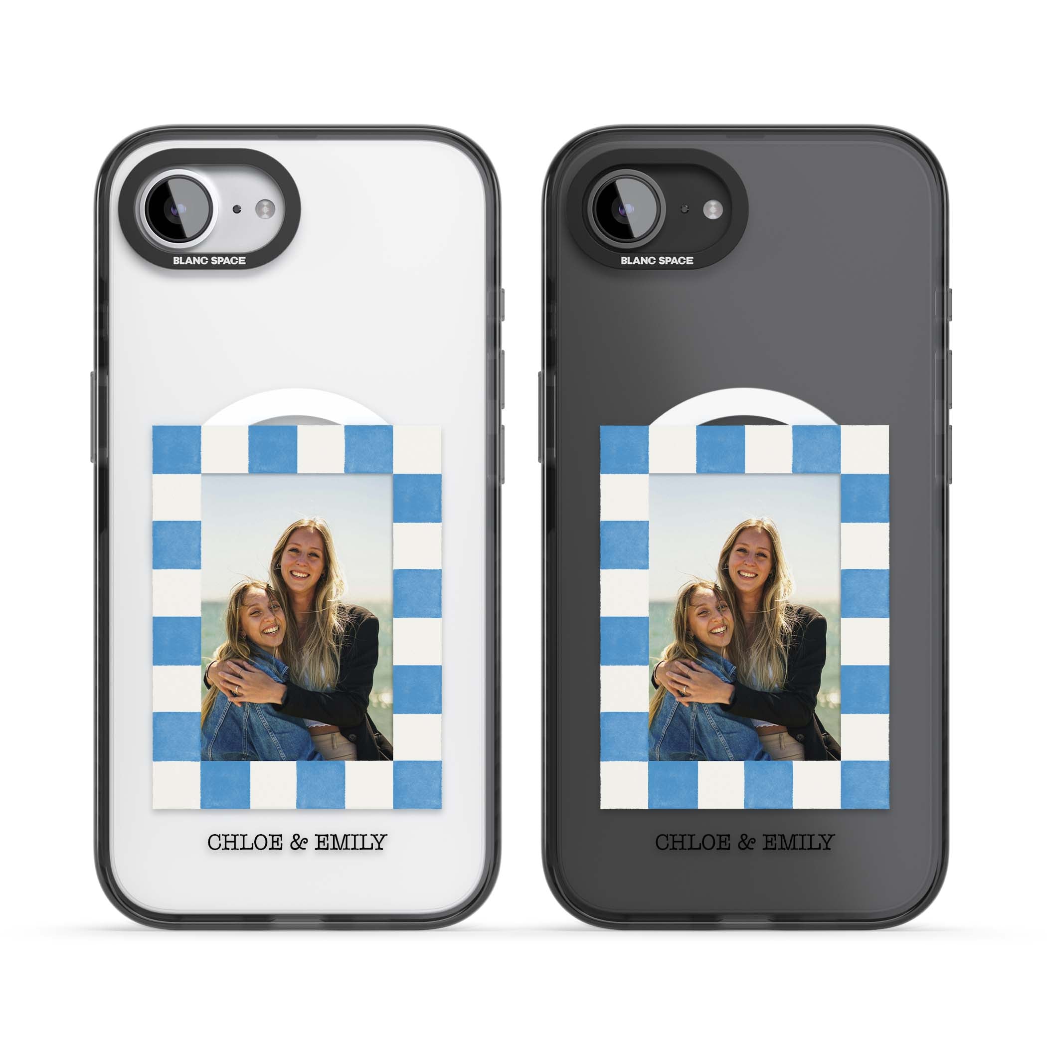 Blue Check Photo personalised photo iPhone case with blue checkered frame and custom couple names | Black Impact Magsafe case for iPhone 16e, iPhone 17e