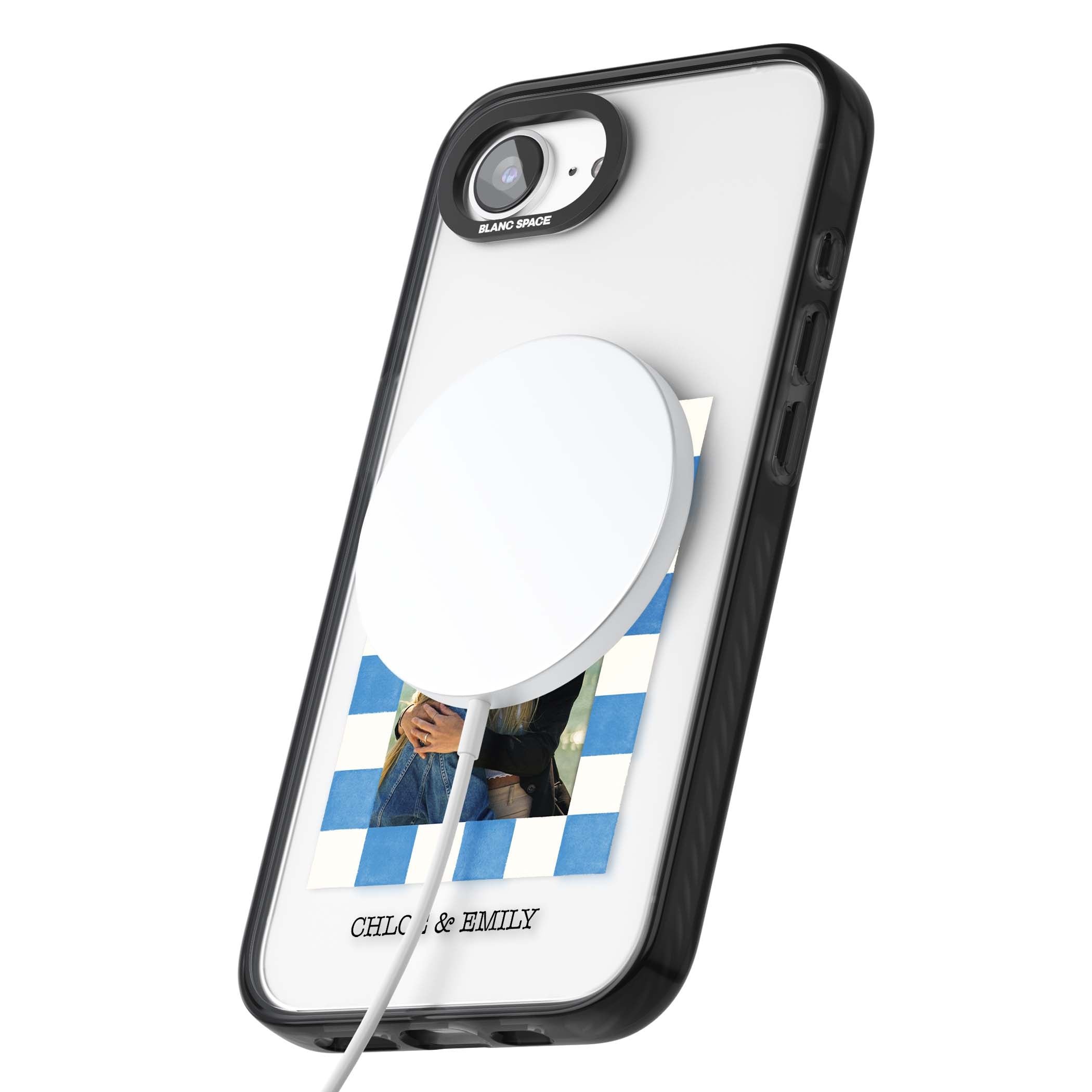 Blue Check Photo personalised photo iPhone case with blue checkered frame and custom couple names | Black Impact Magsafe case for iPhone 16e, iPhone 17e