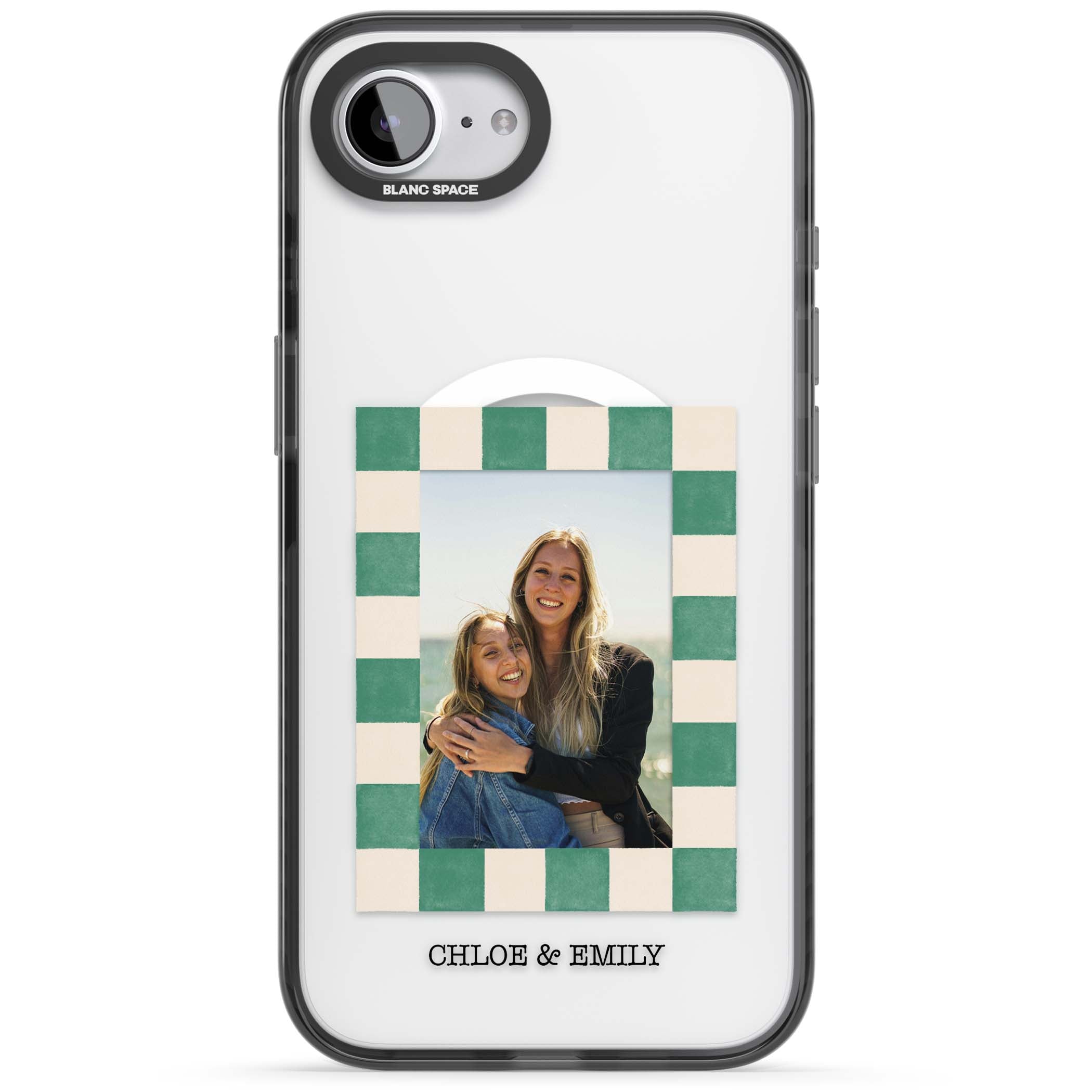 Seafoam Check Photo personalised iPhone case featuring a custom polaroid photo, green and cream checkered frame, and custom n | Black Impact Magsafe case for iPhone 16e, iPhone 17e