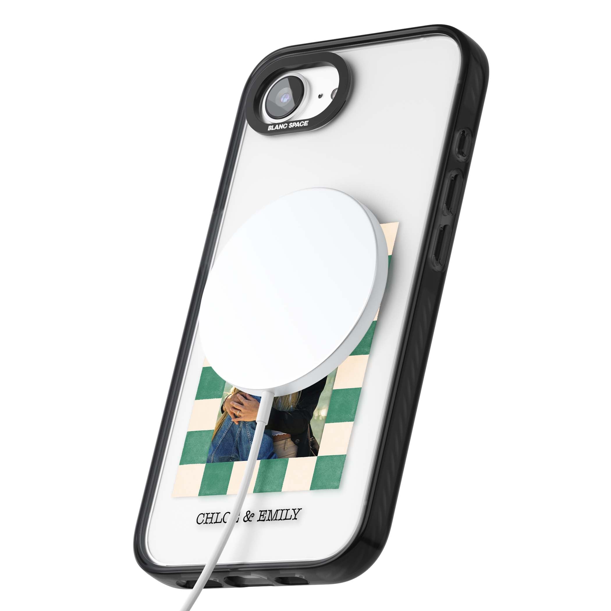 Seafoam Check Photo personalised iPhone case featuring a custom polaroid photo, green and cream checkered frame, and custom n | Black Impact Magsafe case for iPhone 16e, iPhone 17e