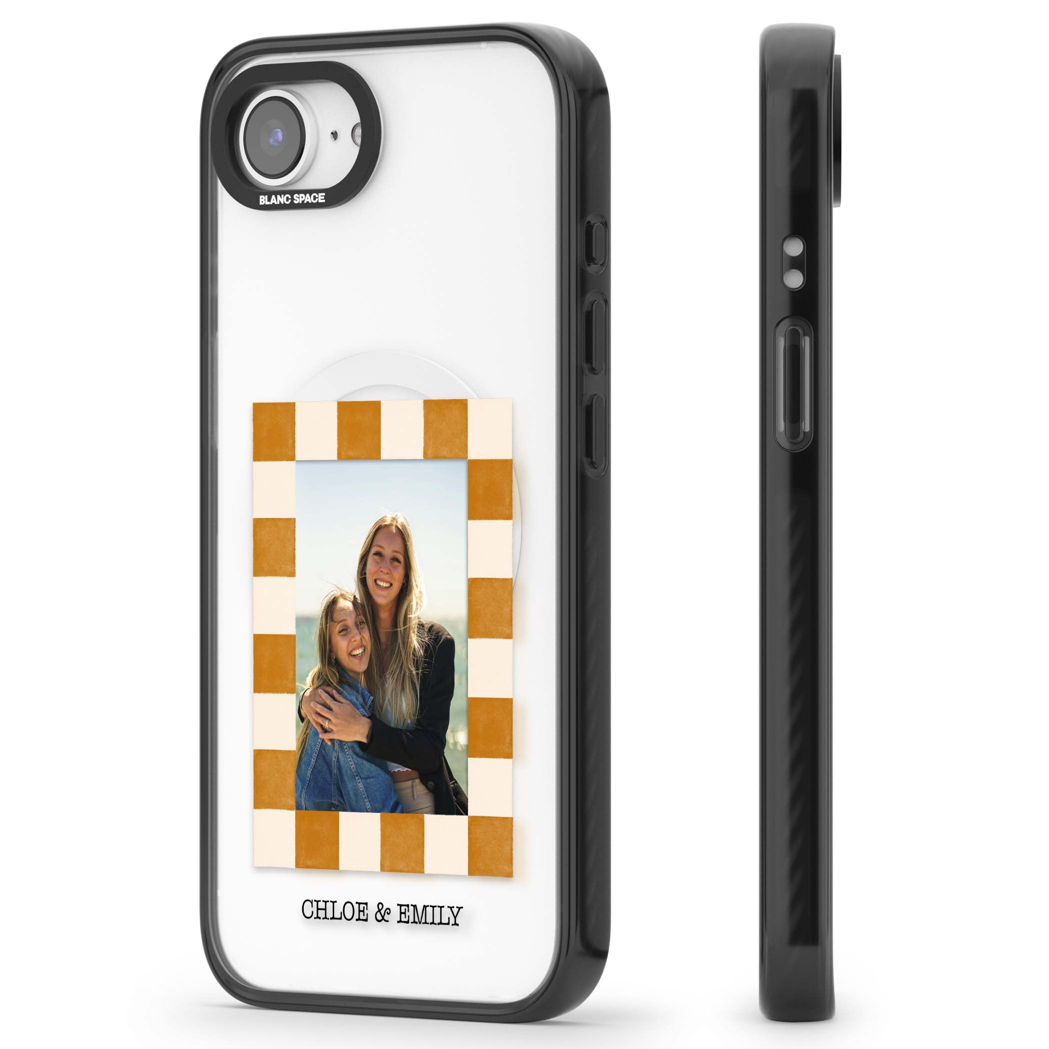 Citrus Check Photo personalised iPhone case with custom photo, orange checkered frame and names underneath | Black Impact Magsafe case for iPhone 16e, iPhone 17e