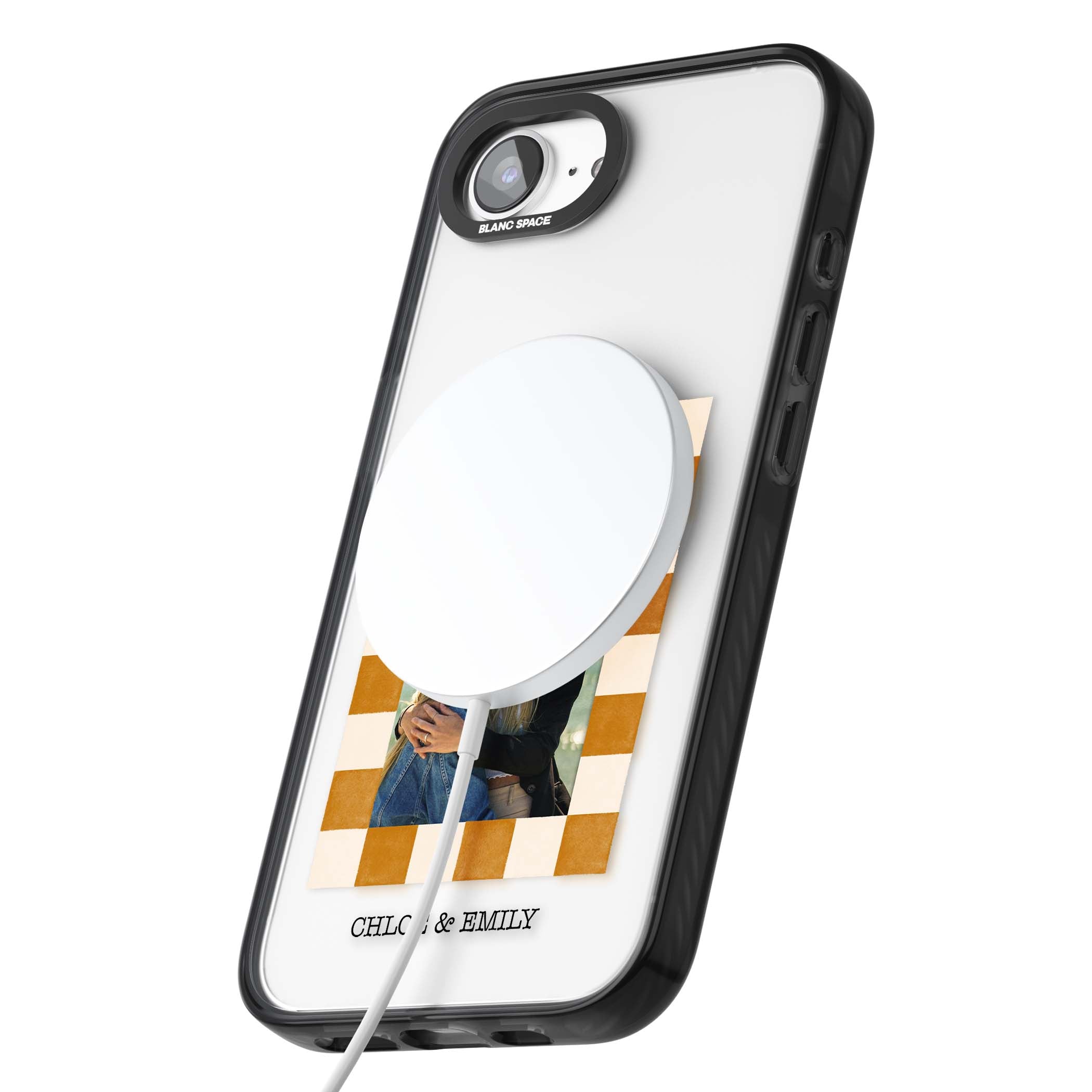 Citrus Check Photo personalised iPhone case with custom photo, orange checkered frame and names underneath | Black Impact Magsafe case for iPhone 16e, iPhone 17e