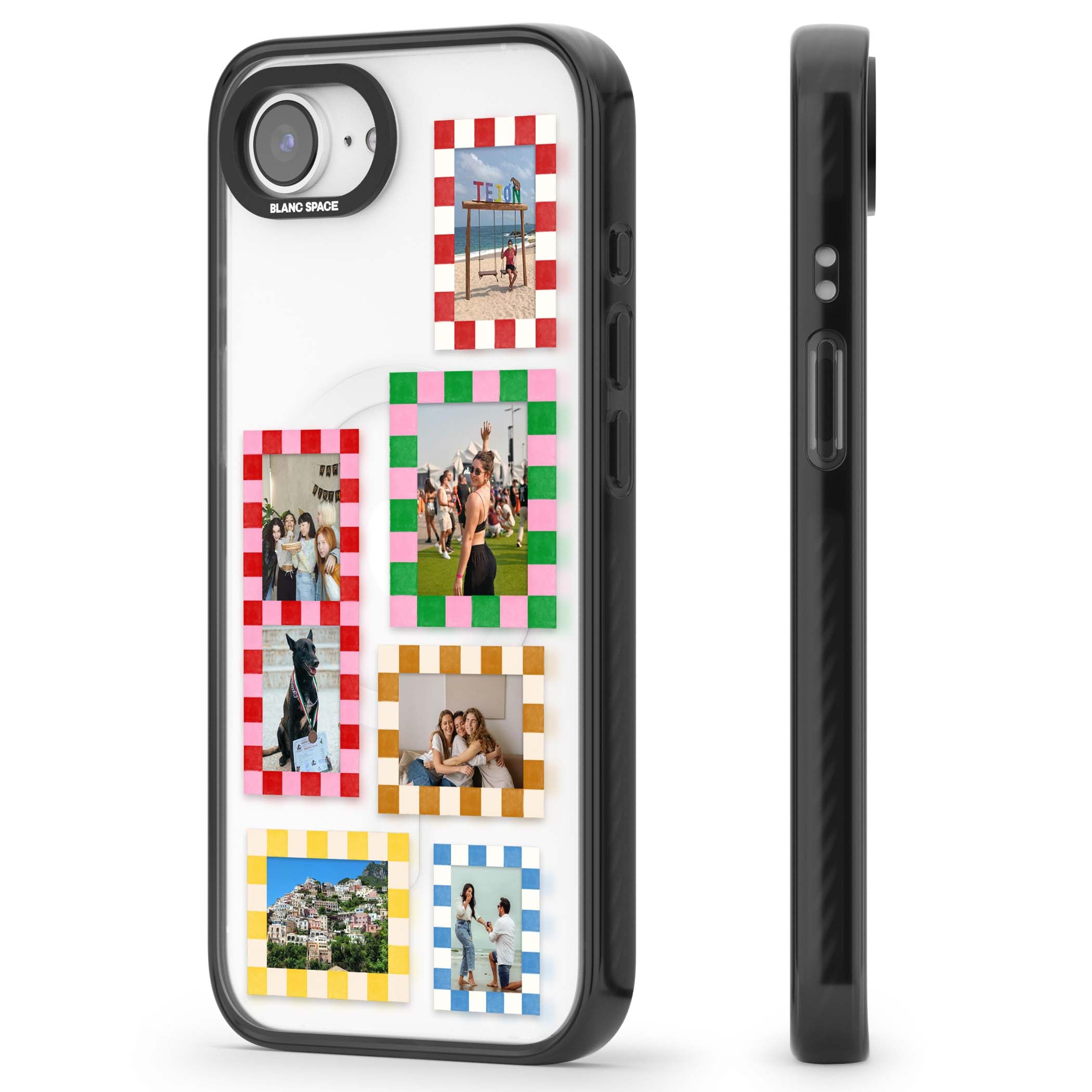 Italian Check Frames custom photo collage iPhone case featuring six checkered photo frames in red, green, pink and | Black Impact Magsafe case for iPhone 16e, iPhone 17e