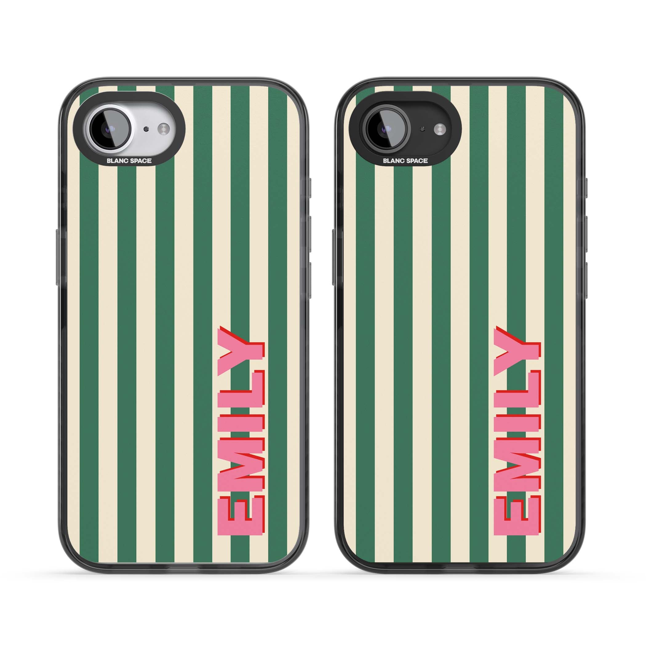 Wimbledon Stripe preppy iPhone case featuring green and cream vertical stripes with a personalised pink name | Black Impact Magsafe case for iPhone 16e, iPhone 17e