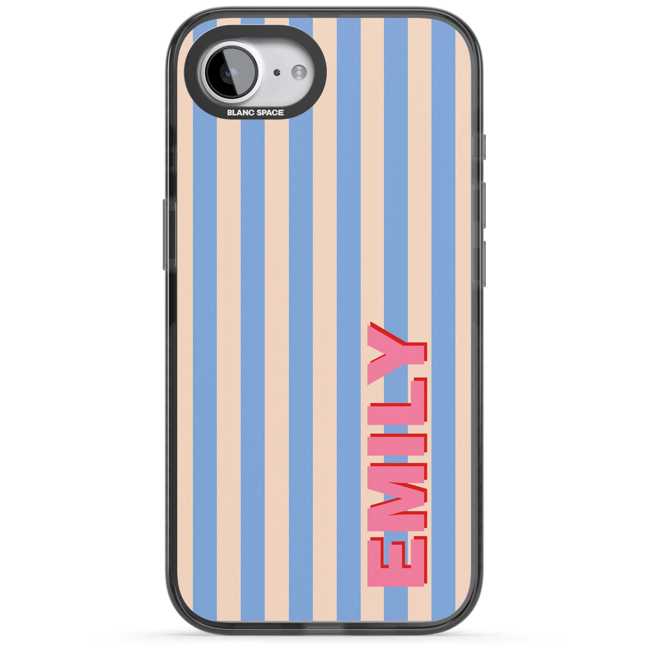 Coastal Stripe personalised coastal iPhone case with blue and peach vertical stripes and custom pink name | Black Impact Magsafe case for iPhone 16e, iPhone 17e