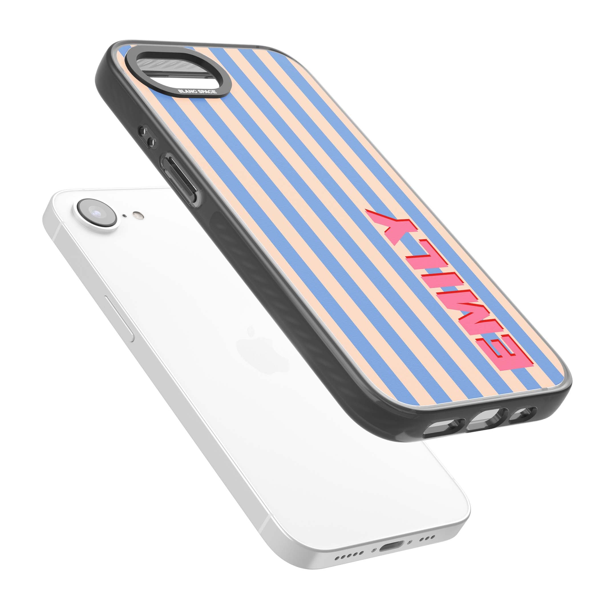 Coastal Stripe personalised coastal iPhone case with blue and peach vertical stripes and custom pink name | Black Impact Magsafe case for iPhone 16e, iPhone 17e