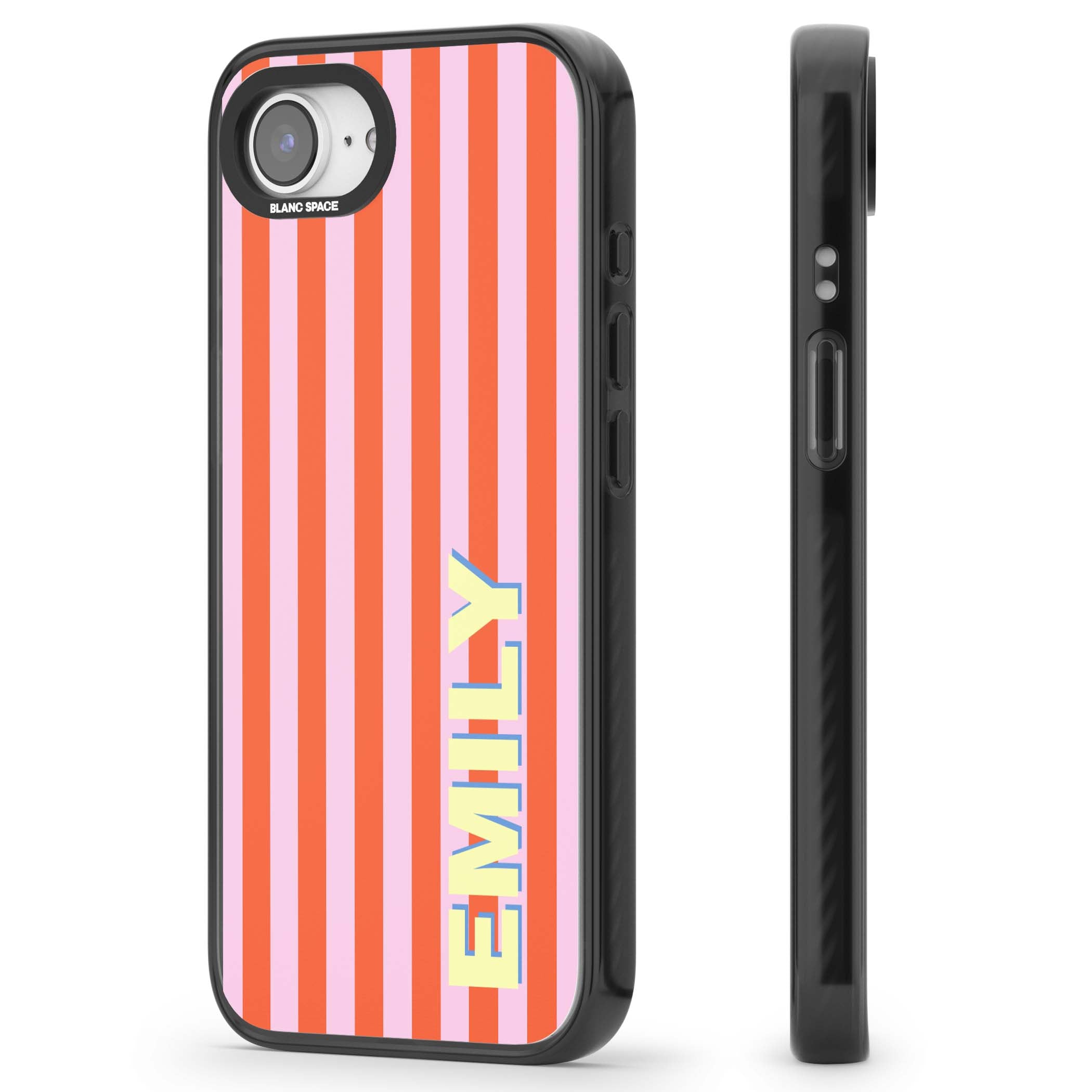 Havana Stripe personalised iPhone case featuring pink and orange vertical stripes with a custom yellow name | Black Impact Magsafe case for iPhone 16e, iPhone 17e
