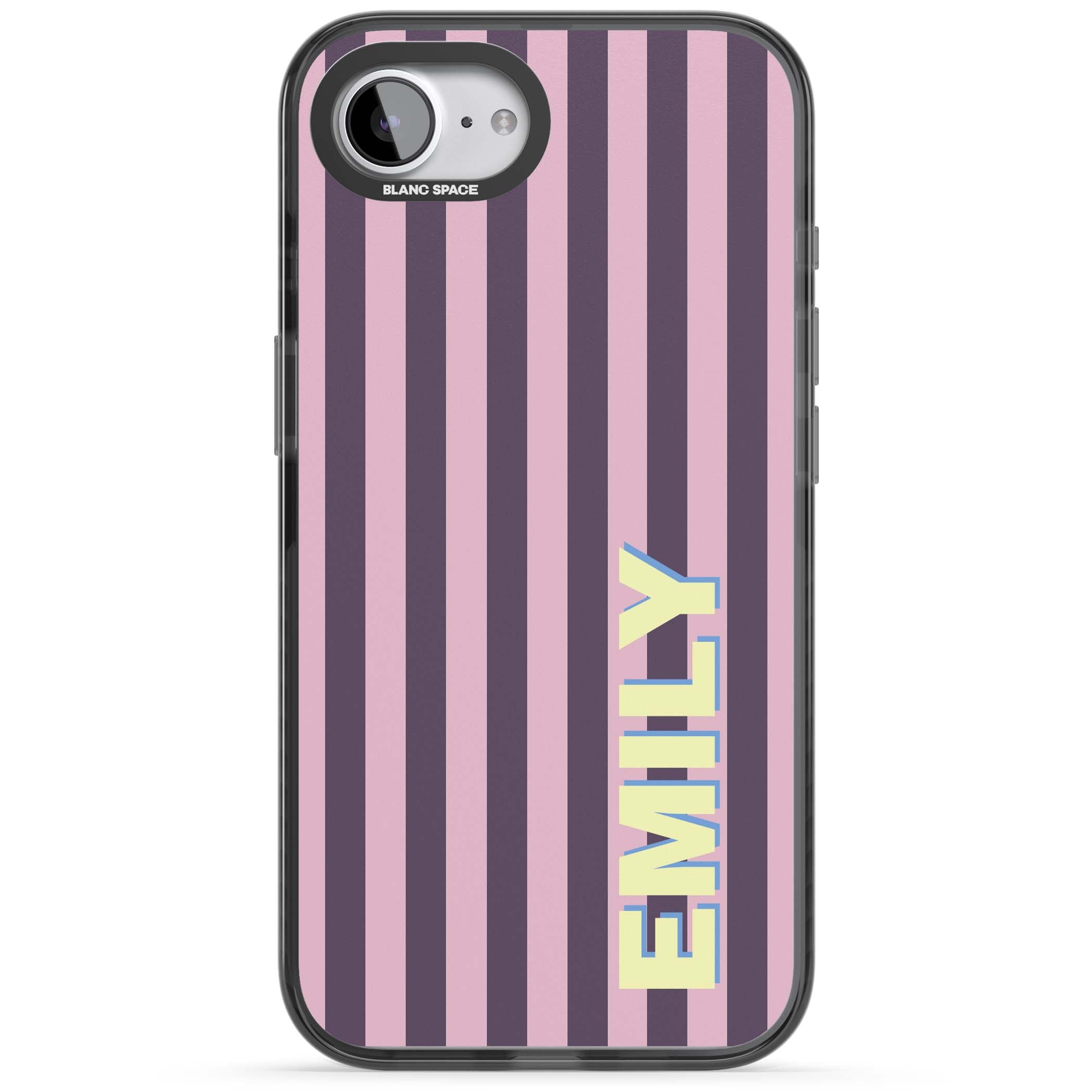 Tyre Stripe personalised stripe iPhone case with plum and pink vertical stripes and custom yellow name | Black Impact Magsafe case for iPhone 16e, iPhone 17e