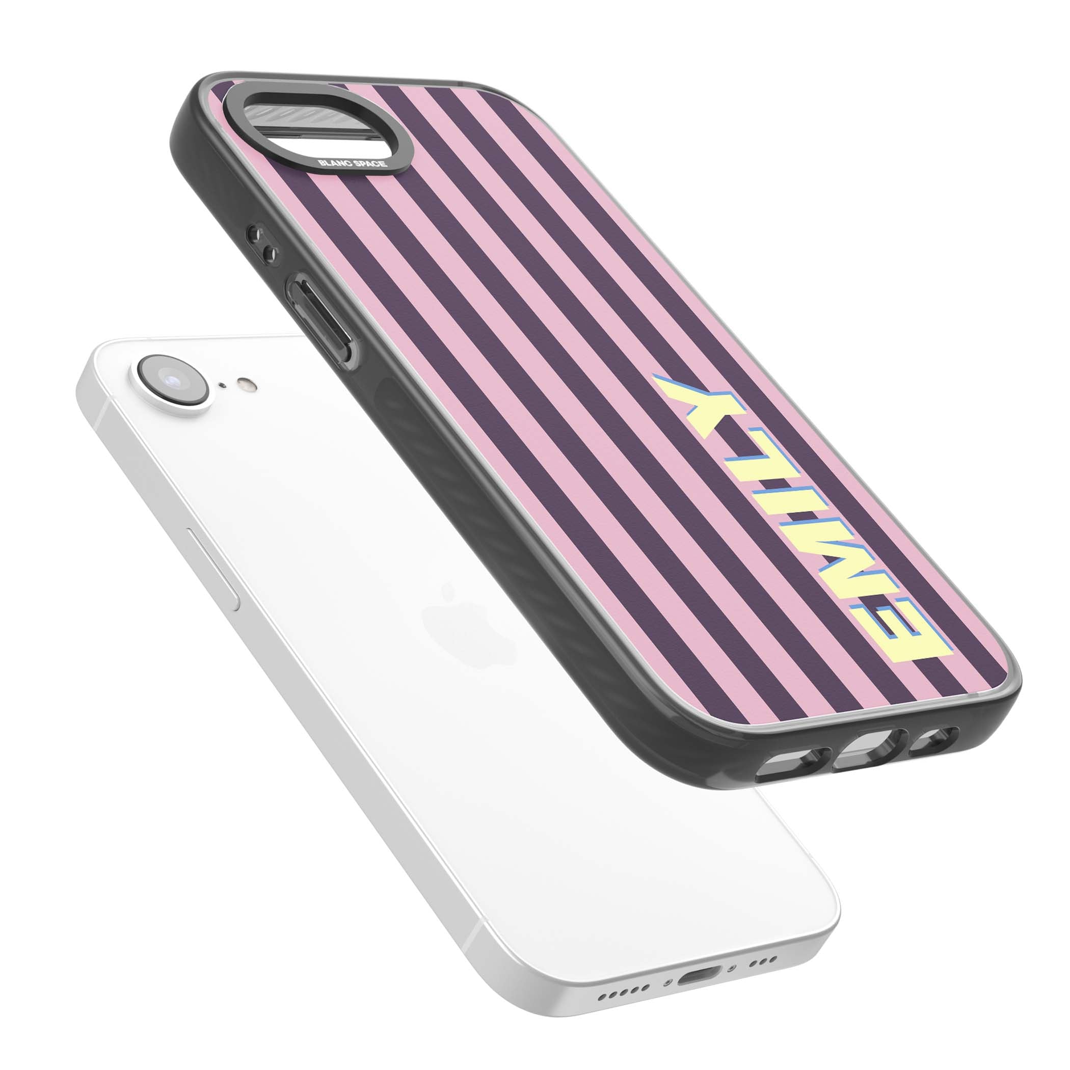 Tyre Stripe personalised stripe iPhone case with plum and pink vertical stripes and custom yellow name | Black Impact Magsafe case for iPhone 16e, iPhone 17e