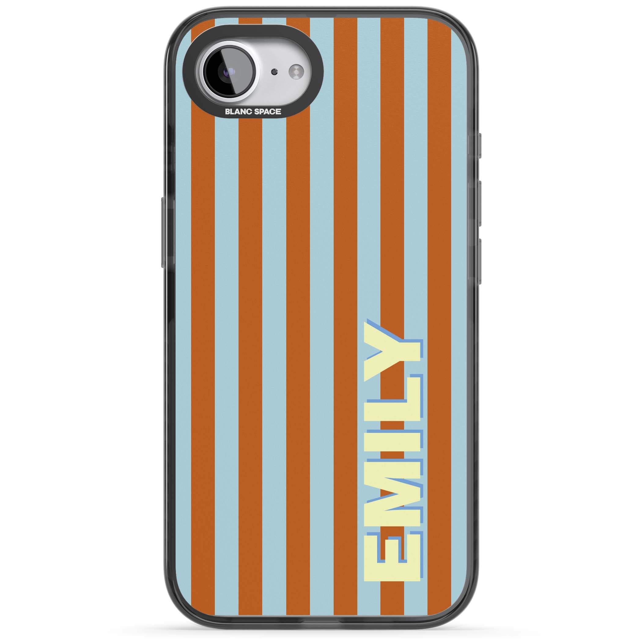 Cappadocia Stripe personalised coastal iPhone case featuring blue and orange vertical stripes with custom cream name | Black Impact Magsafe case for iPhone 16e, iPhone 17e