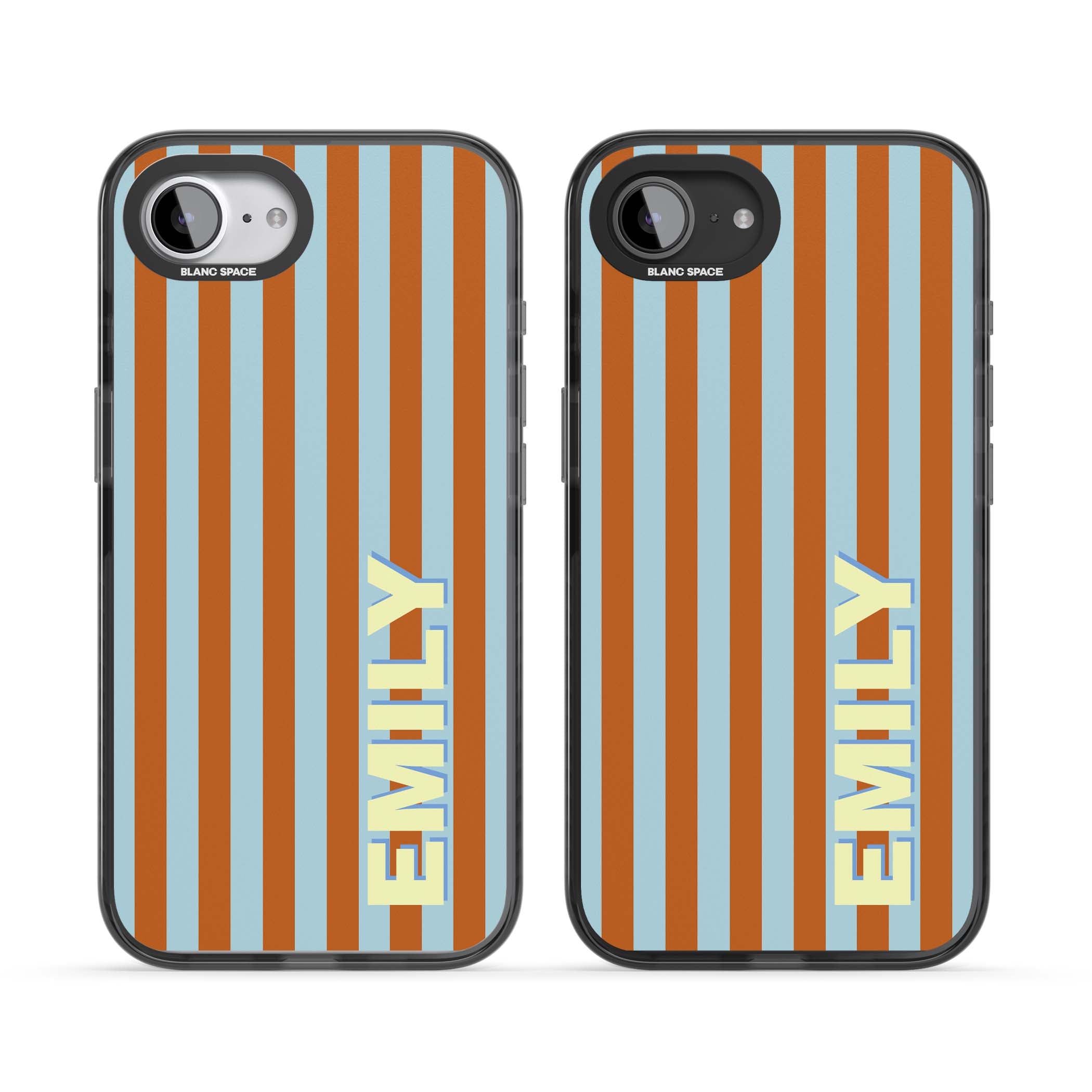 Cappadocia Stripe personalised coastal iPhone case featuring blue and orange vertical stripes with custom cream name | Black Impact Magsafe case for iPhone 16e, iPhone 17e