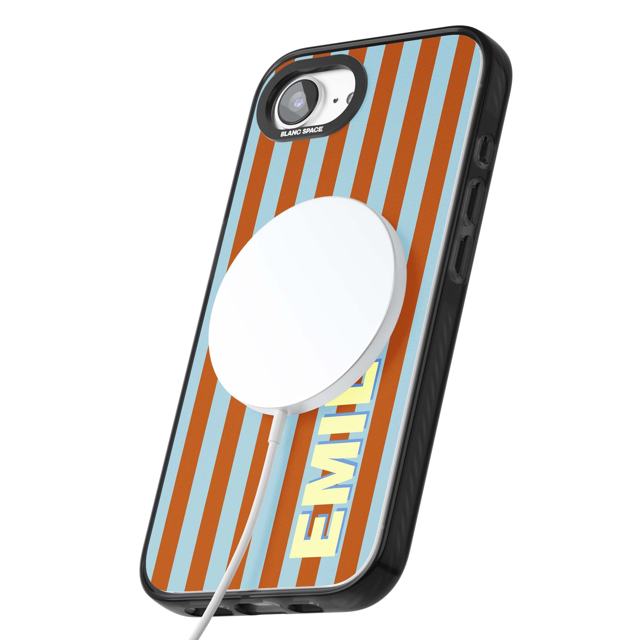 Cappadocia Stripe personalised coastal iPhone case featuring blue and orange vertical stripes with custom cream name | Black Impact Magsafe case for iPhone 16e, iPhone 17e