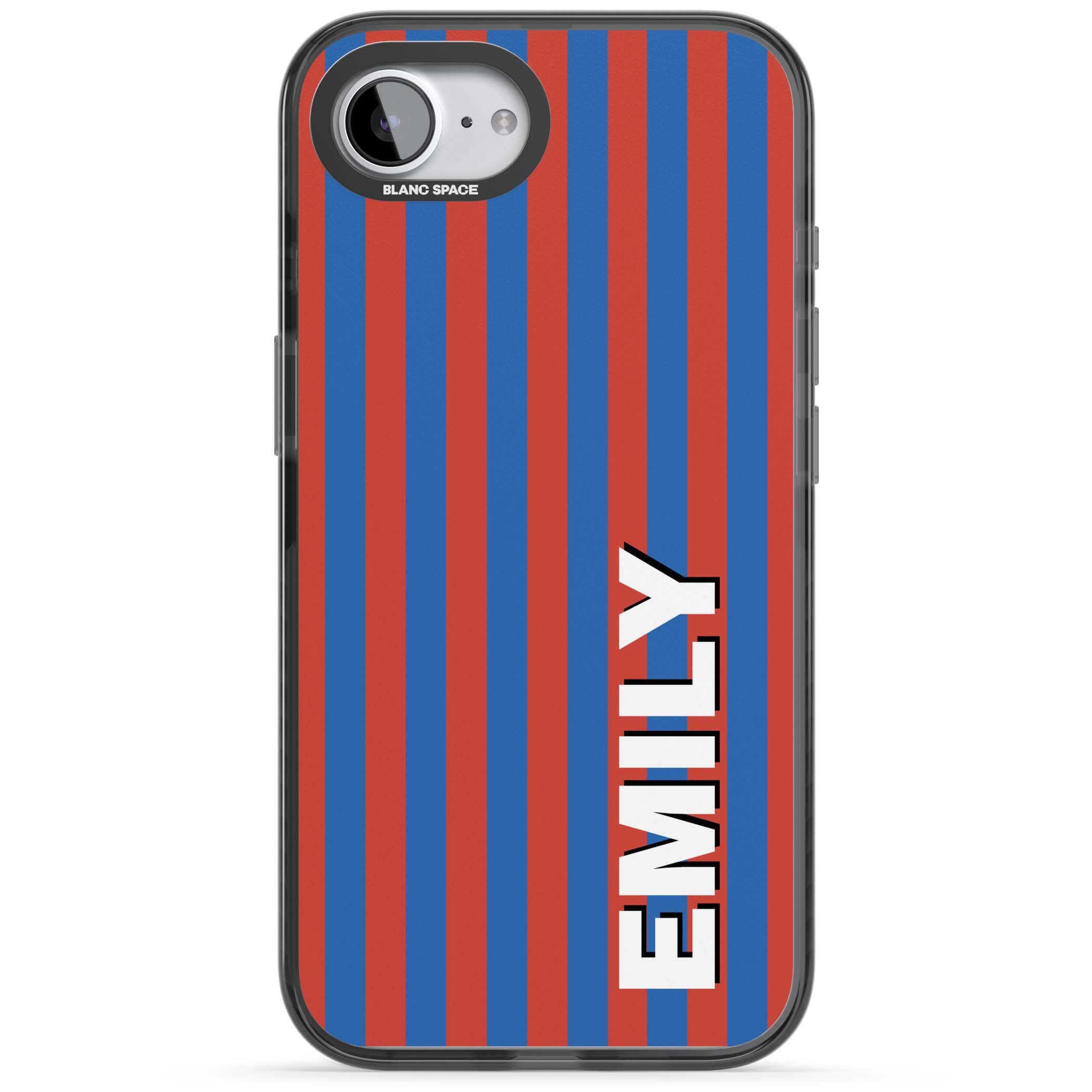 Cuban Stripe personalised iPhone case featuring red and blue vertical stripes with custom name in bold white letters | Black Impact Magsafe case for iPhone 16e, iPhone 17e