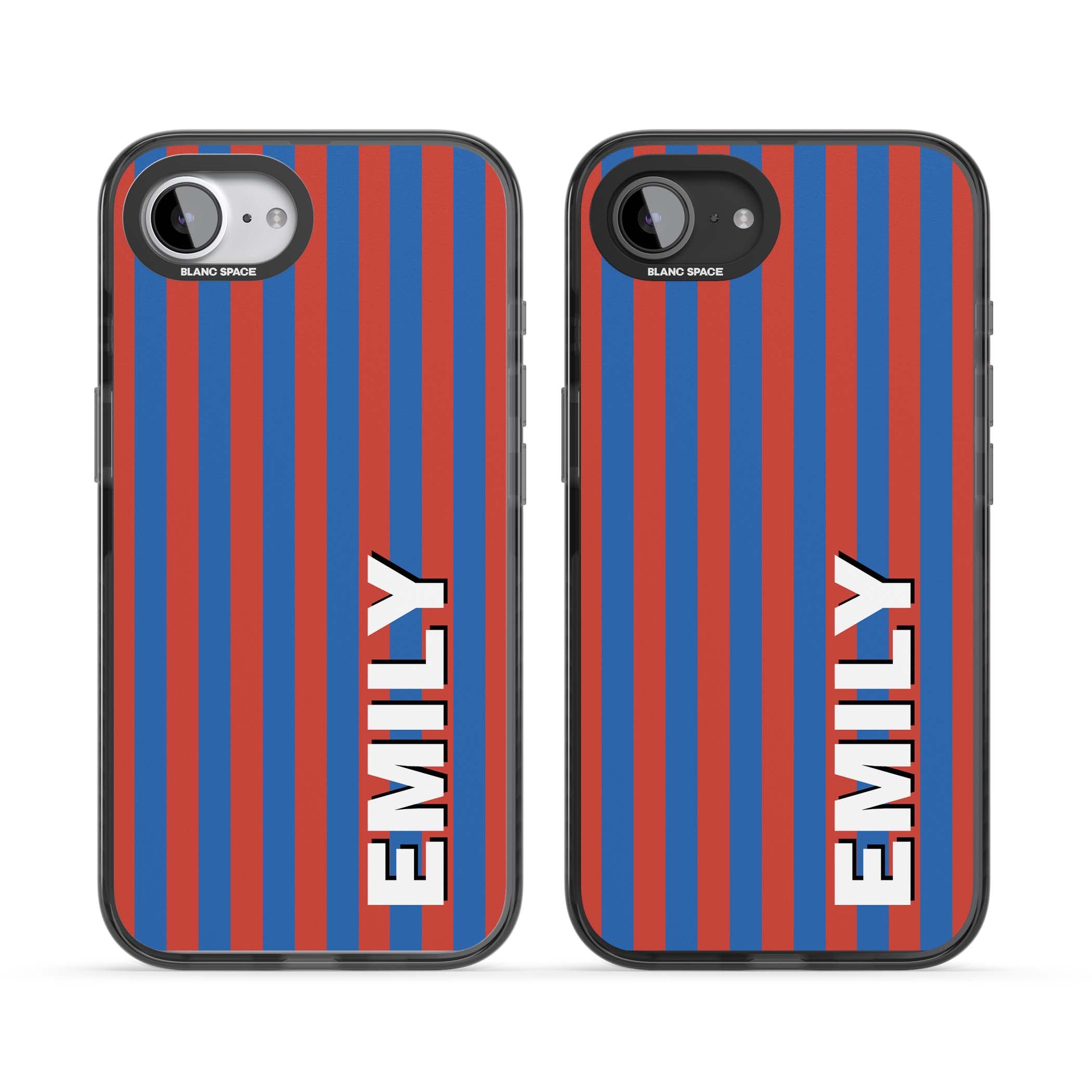 Cuban Stripe personalised iPhone case featuring red and blue vertical stripes with custom name in bold white letters | Black Impact Magsafe case for iPhone 16e, iPhone 17e