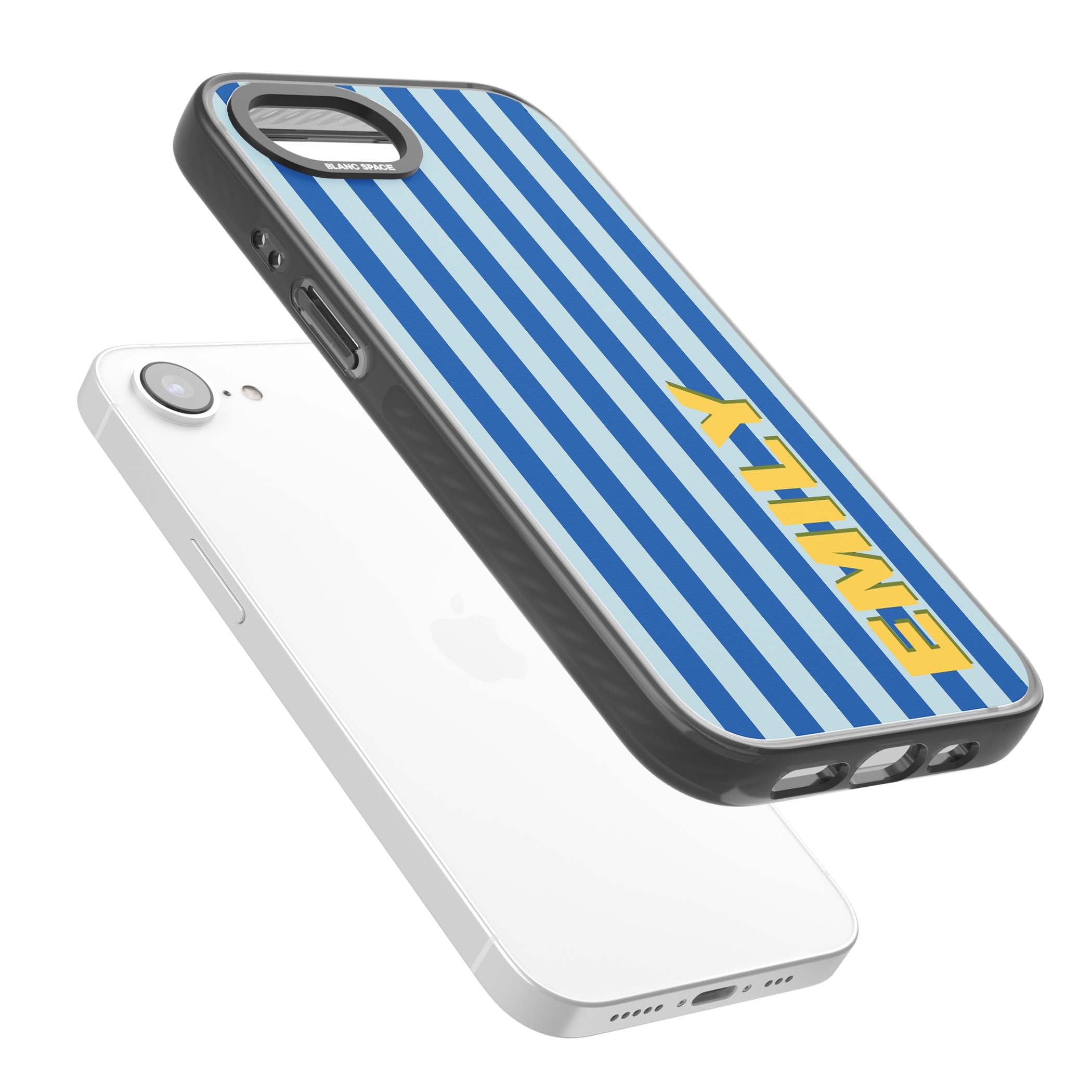 Athenian Stripe personalised preppy iPhone case featuring blue vertical stripes and a custom yellow name | Black Impact Magsafe case for iPhone 16e, iPhone 17e