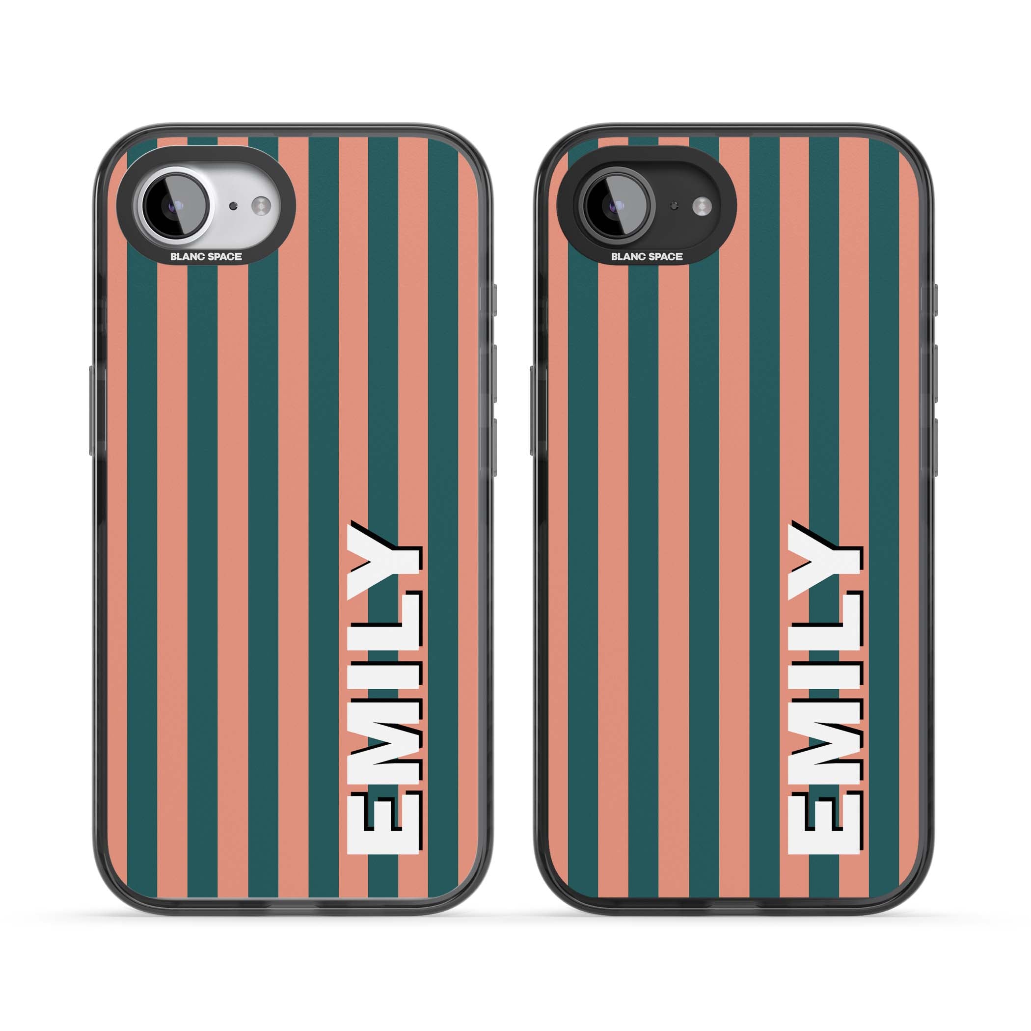 Tuscan Stripe personalised iPhone case featuring coral and green vertical stripes with bold custom name | Black Impact Magsafe case for iPhone 16e, iPhone 17e