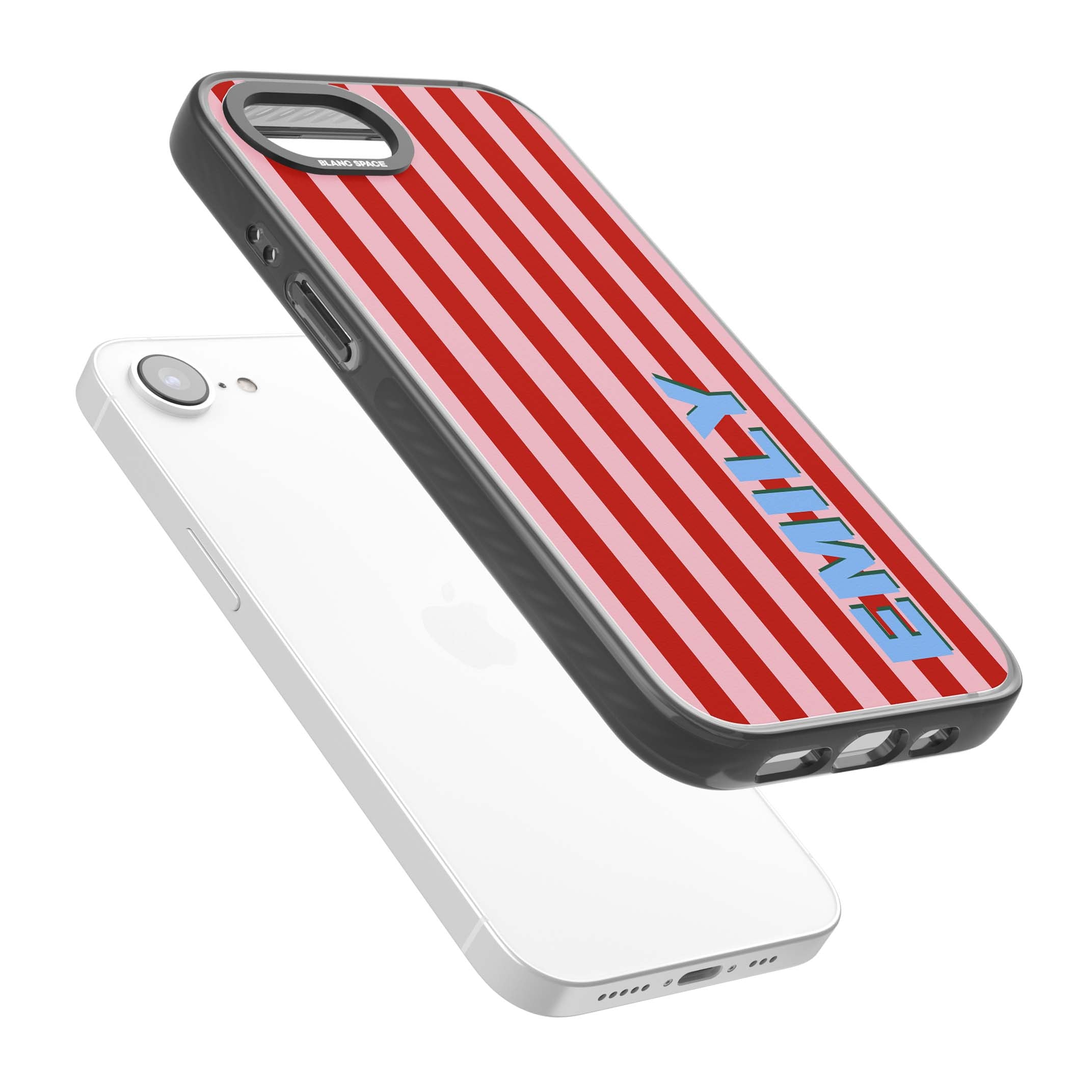 Market Stripe personalised iPhone case with red and pink vertical stripes and custom blue name | Black Impact Magsafe case for iPhone 16e, iPhone 17e