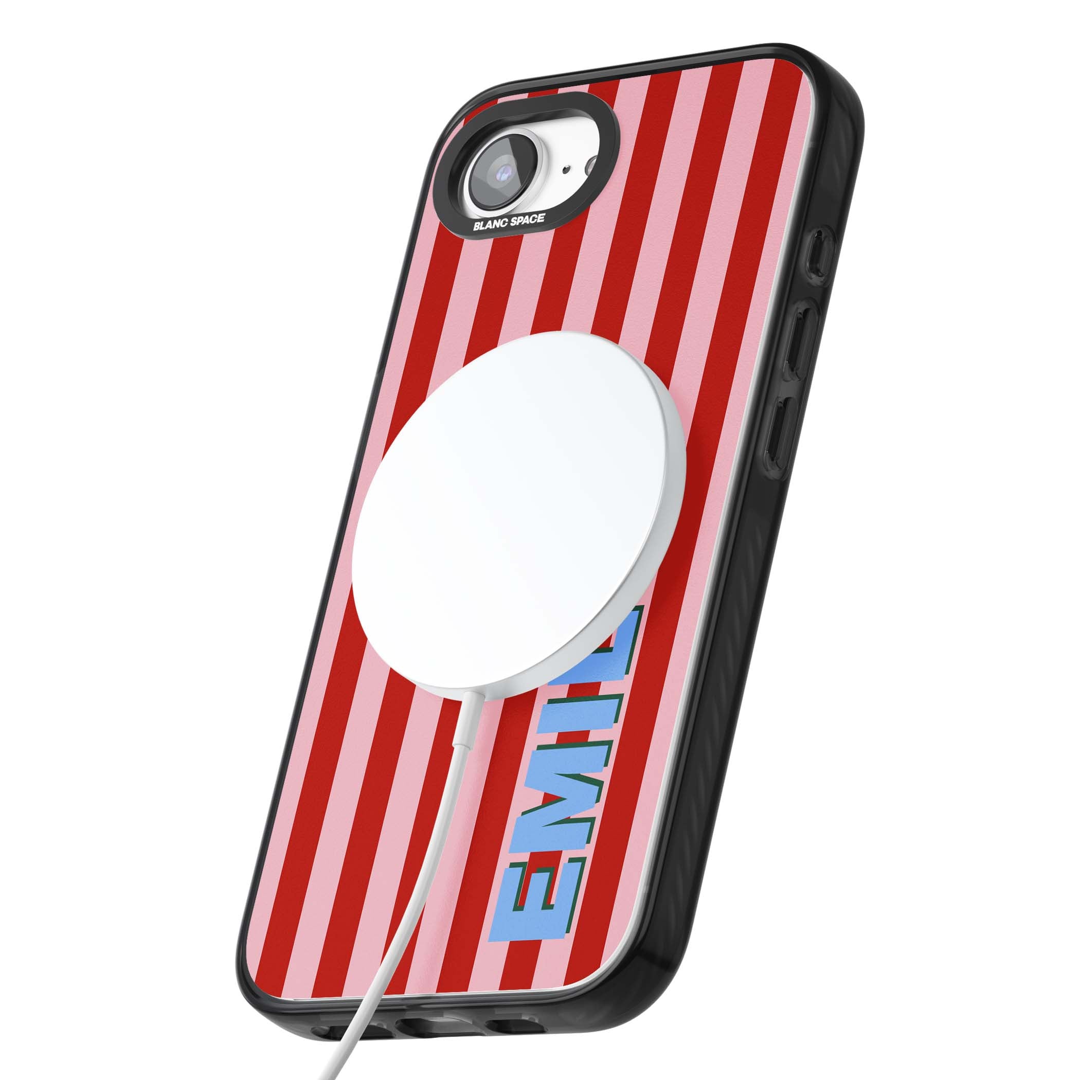 Market Stripe personalised iPhone case with red and pink vertical stripes and custom blue name | Black Impact Magsafe case for iPhone 16e, iPhone 17e
