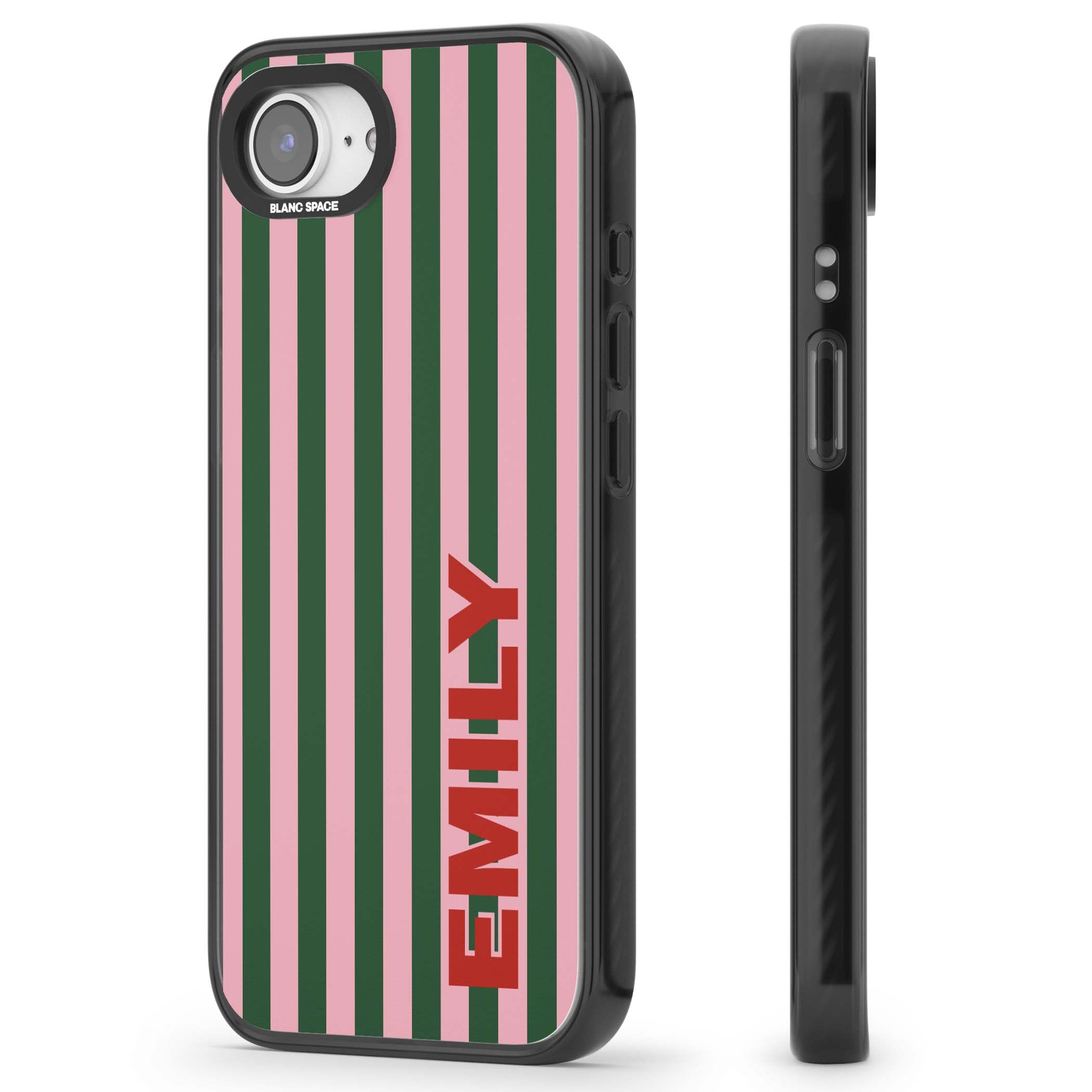Italian Stripe preppy iPhone case featuring pink and green vertical stripes with personalised red name | Black Impact Magsafe case for iPhone 16e, iPhone 17e