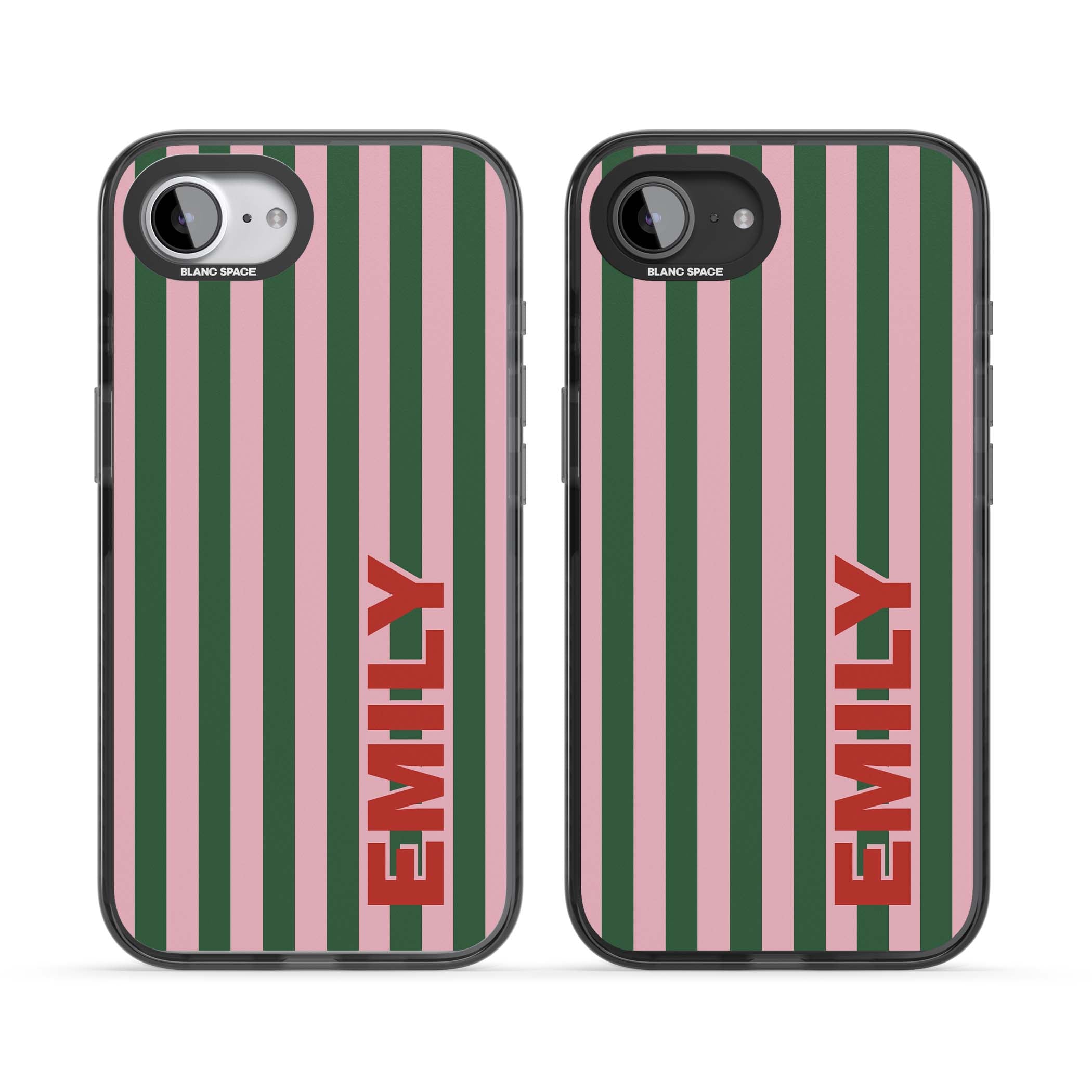 Italian Stripe preppy iPhone case featuring pink and green vertical stripes with personalised red name | Black Impact Magsafe case for iPhone 16e, iPhone 17e
