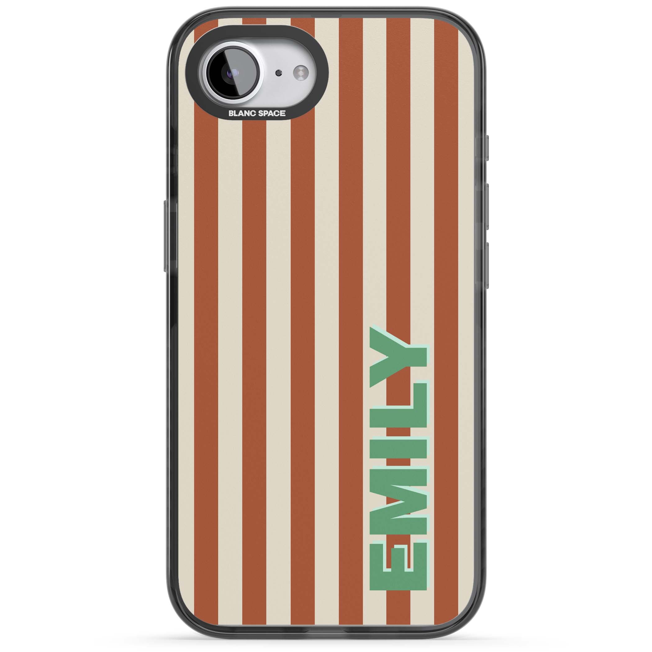 Dune Stripe personalised iPhone case with rust and cream vertical stripes and custom name in mint green | Black Impact Magsafe case for iPhone 16e, iPhone 17e