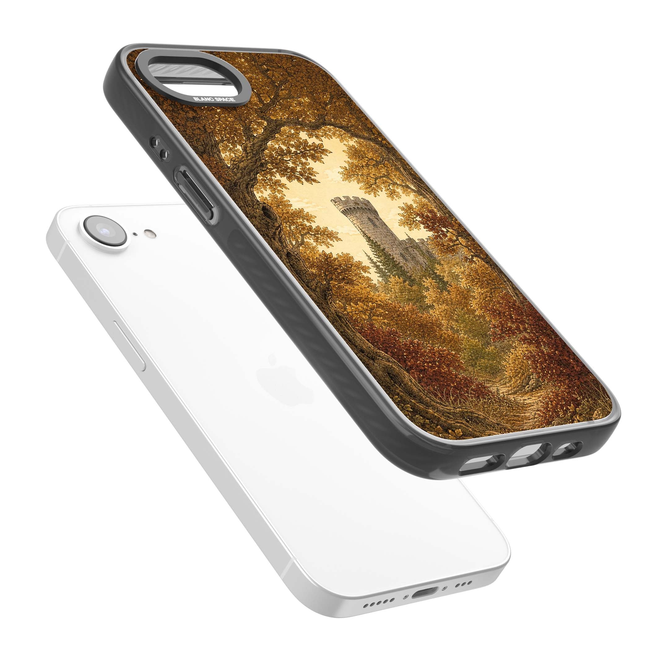 Autumn Keep cottagecore iPhone case featuring a medieval castle tower framed by golden autumn trees and woodland foliage | Black Impact Magsafe case for iPhone 16e, iPhone 17e