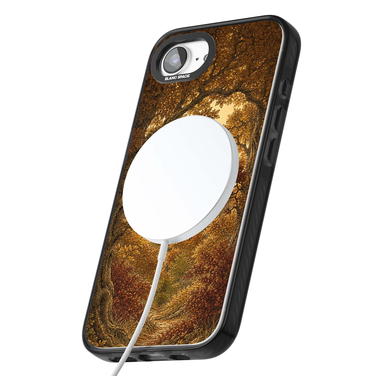 Autumn Keep cottagecore iPhone case featuring a medieval castle tower framed by golden autumn trees and woodland foliage | Black Impact Magsafe case for iPhone 16e, iPhone 17e