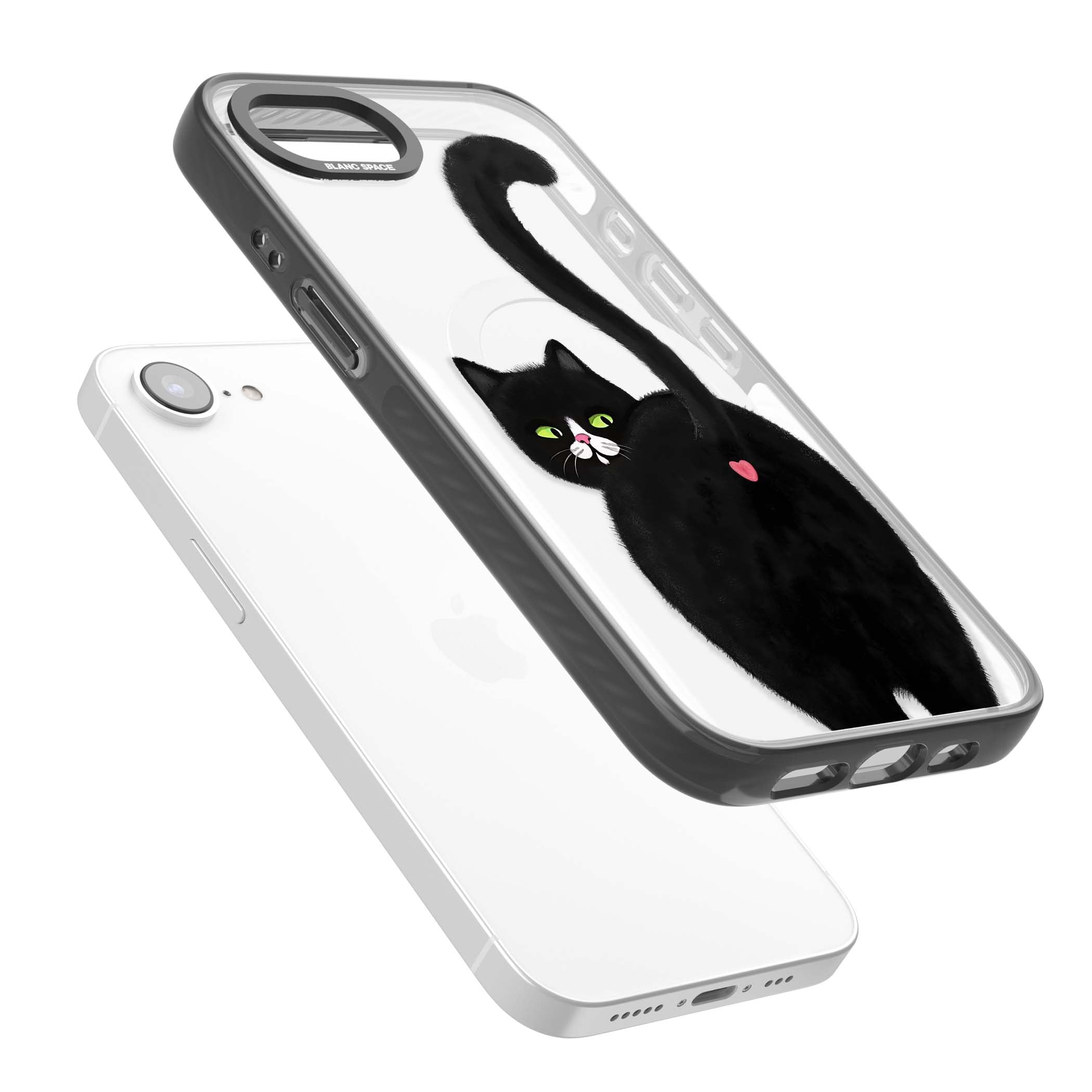 The Cat's Kiss cute cat iPhone case featuring a hand-painted tuxedo kitty with green eyes and a pink heart on a clear | Black Impact Magsafe case for iPhone 16e, iPhone 17e