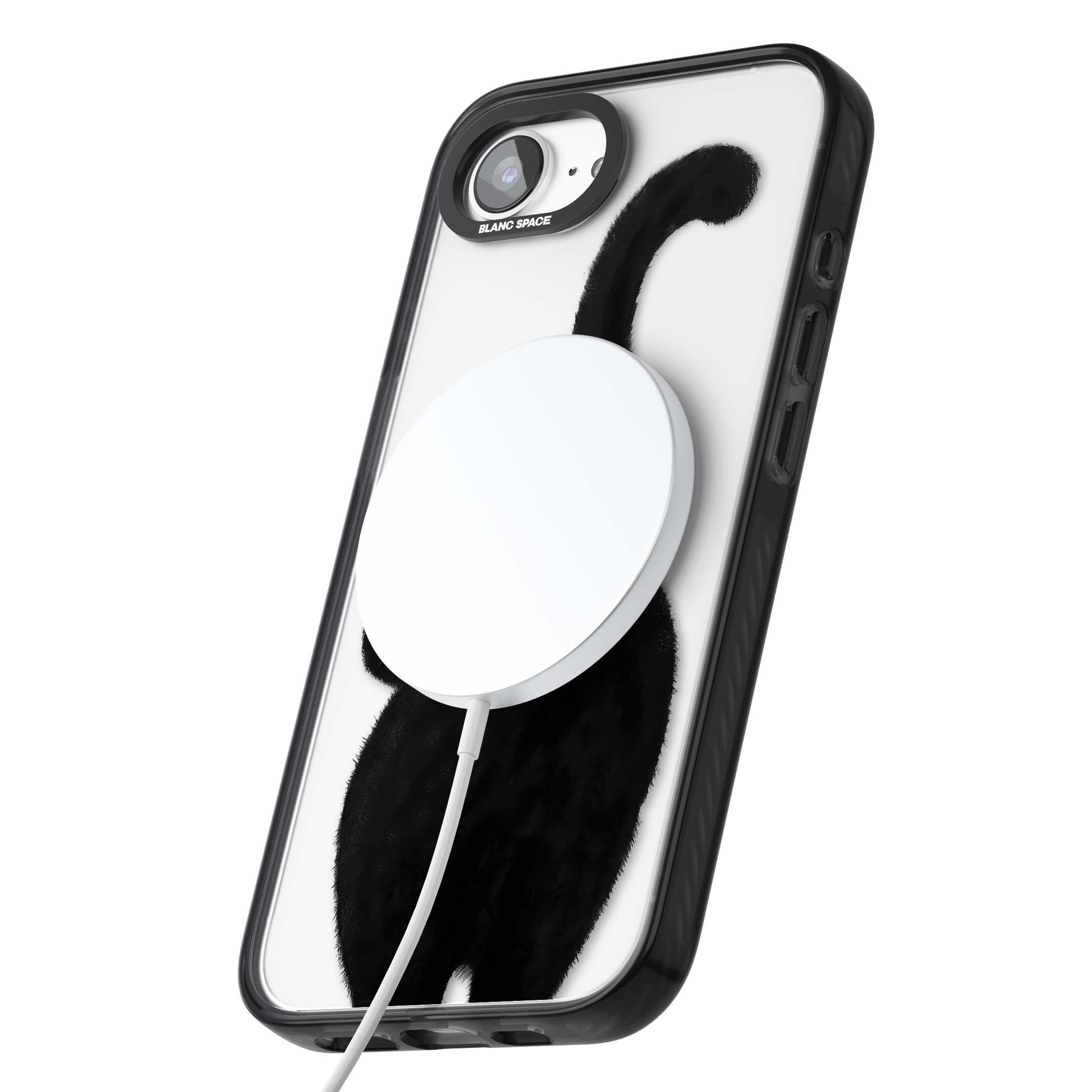 The Cat's Kiss cute cat iPhone case featuring a hand-painted tuxedo kitty with green eyes and a pink heart on a clear | Black Impact Magsafe case for iPhone 16e, iPhone 17e