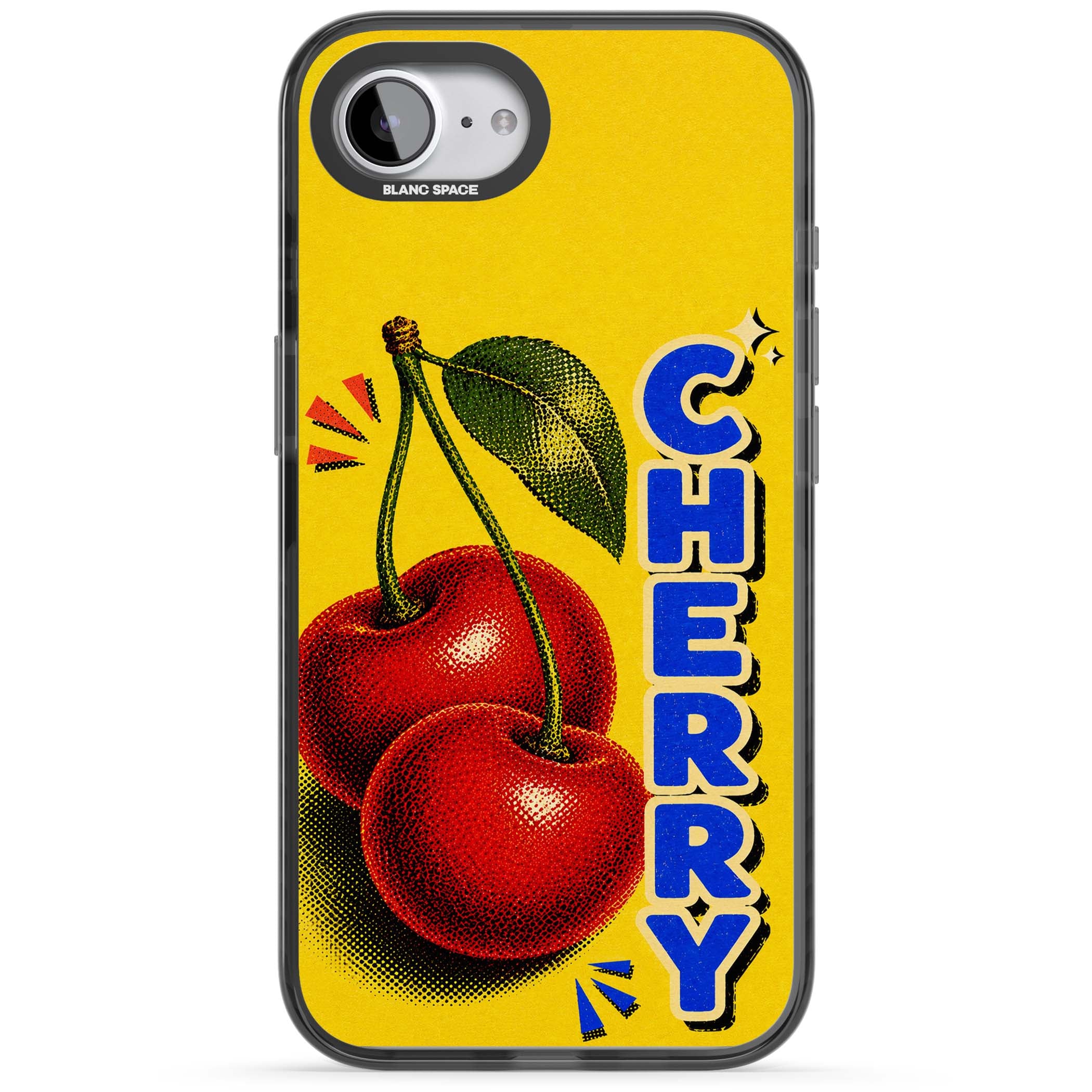 Cherry Yellow y2k iPhone case featuring two red cherries, halftone shading and bold blue CHERRY lettering on yellow | Black Impact Magsafe case for iPhone 16e, iPhone 17e
