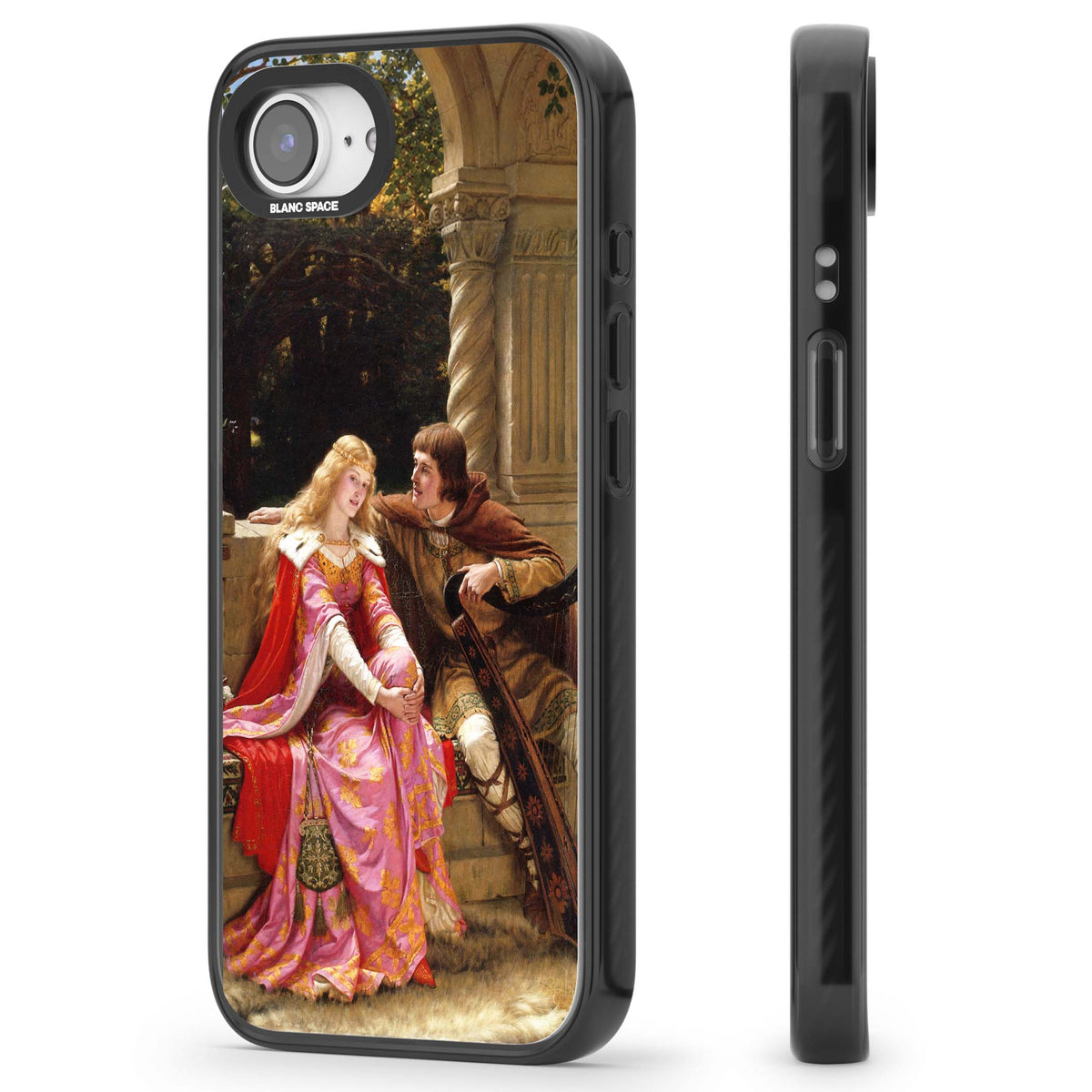 The End of the Song classic art iPhone case featuring a medieval lady in pink gown and her knight in a stone archway | Black Impact Magsafe case for iPhone 16e, iPhone 17e