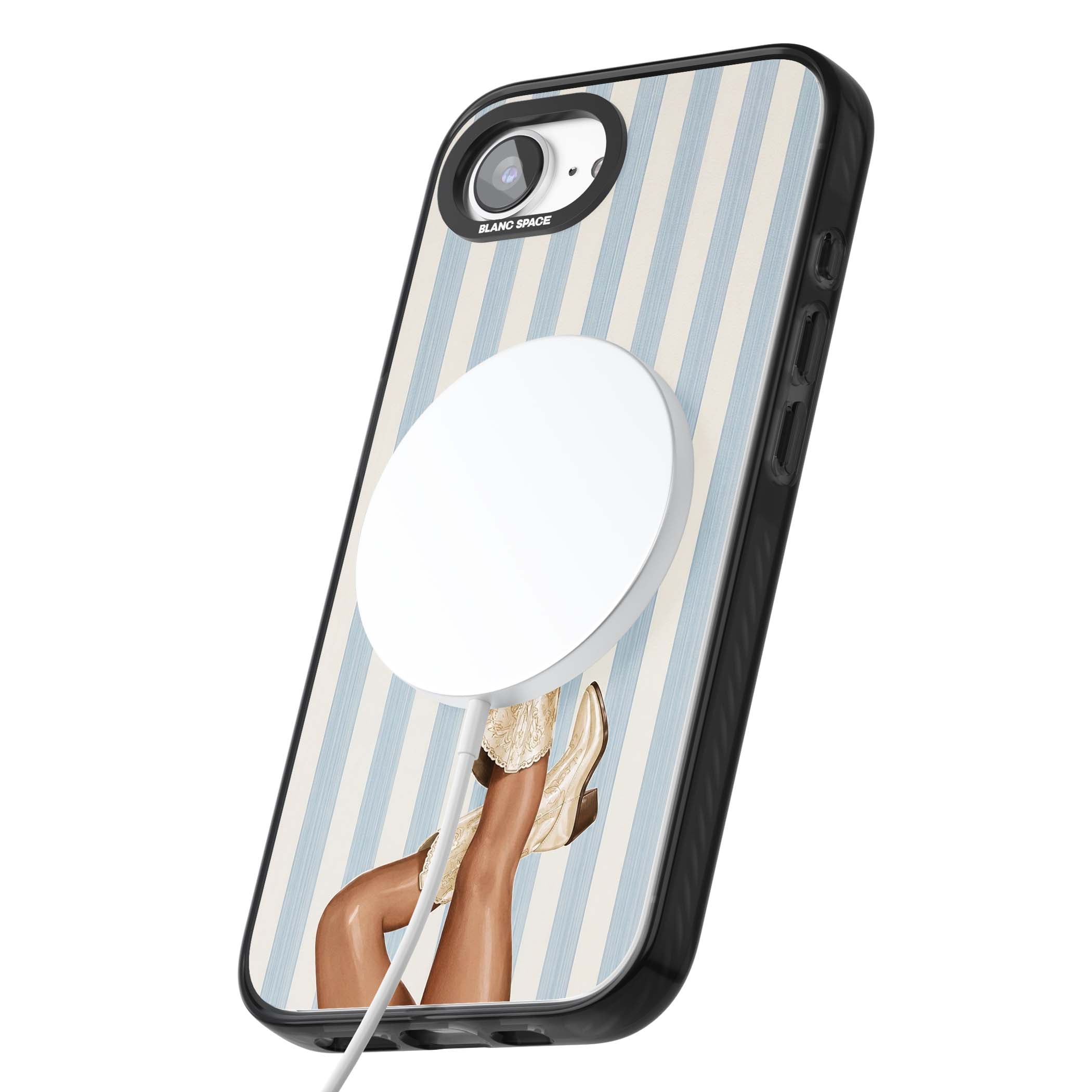 Cowgirl Boots coastal cowgirl iPhone case featuring embroidered western boots, tanned legs and a blue stripe backdrop | Black Impact Magsafe case for iPhone 16e, iPhone 17e