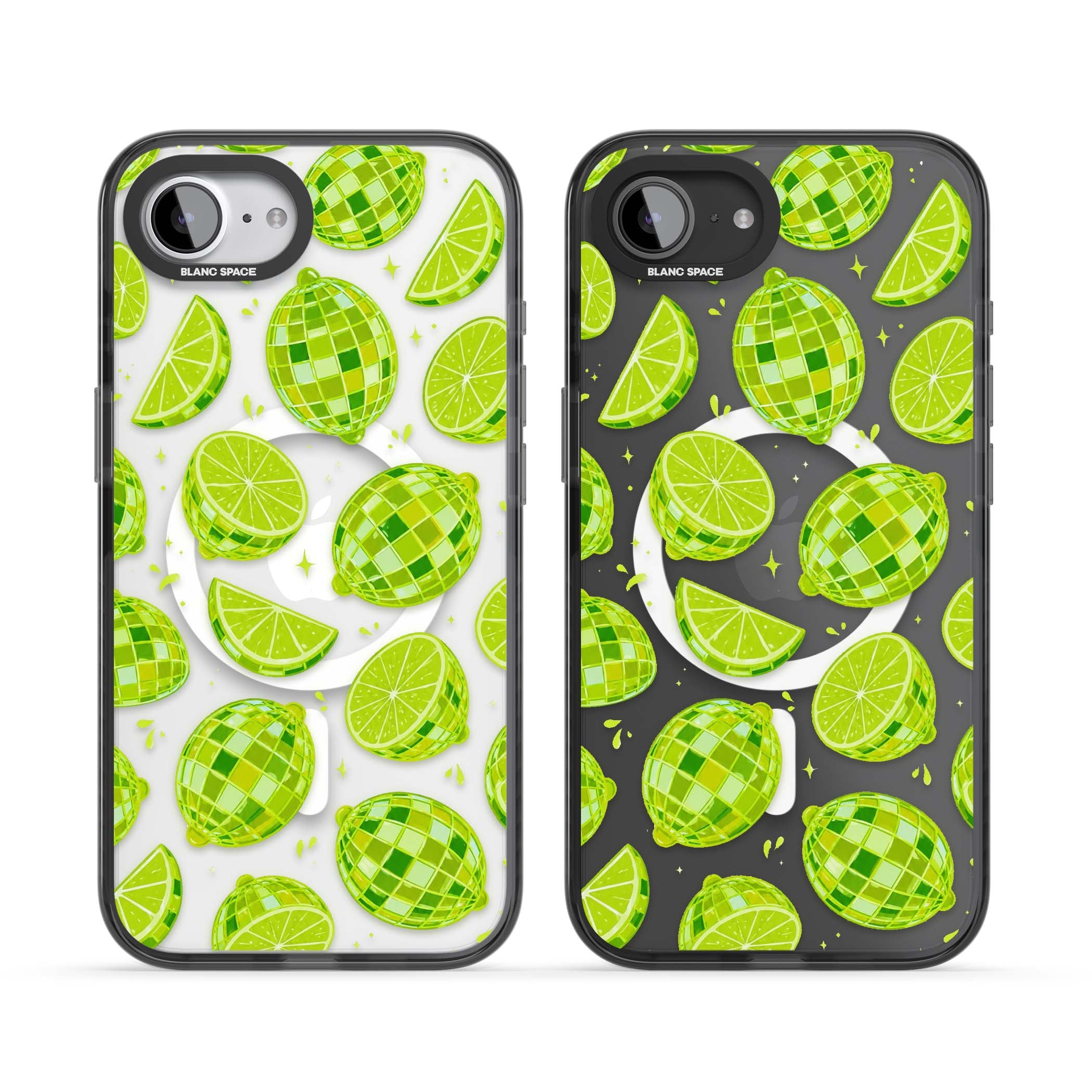 Disco Limes fruit aesthetic iPhone case featuring green disco balls, lime slices and citrus sparkles | Black Impact Magsafe case for iPhone 16e, iPhone 17e