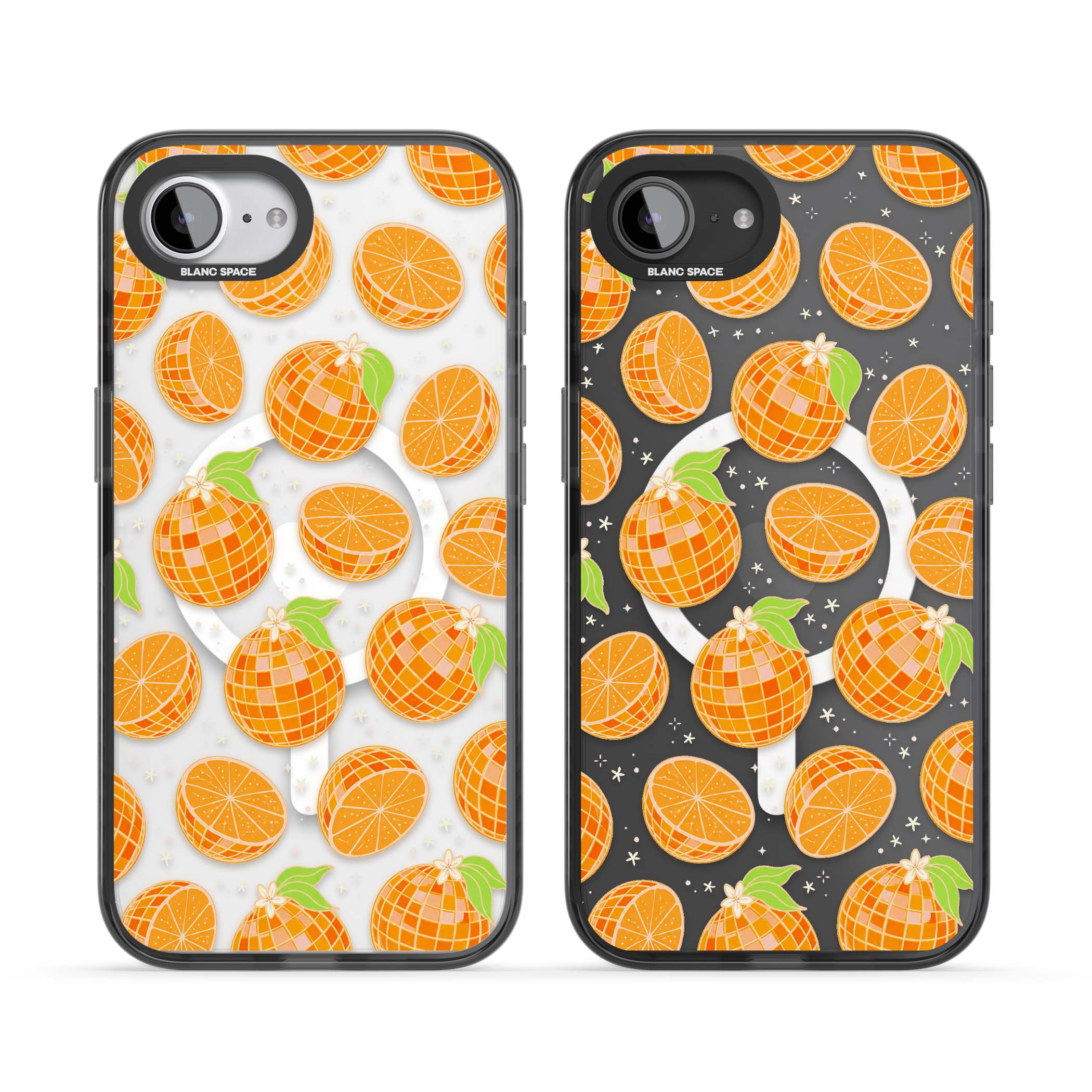 Disco Oranges retro iPhone case featuring mirrorball oranges, citrus slices and tiny blossoms on clear | Black Impact Magsafe case for iPhone 16e, iPhone 17e