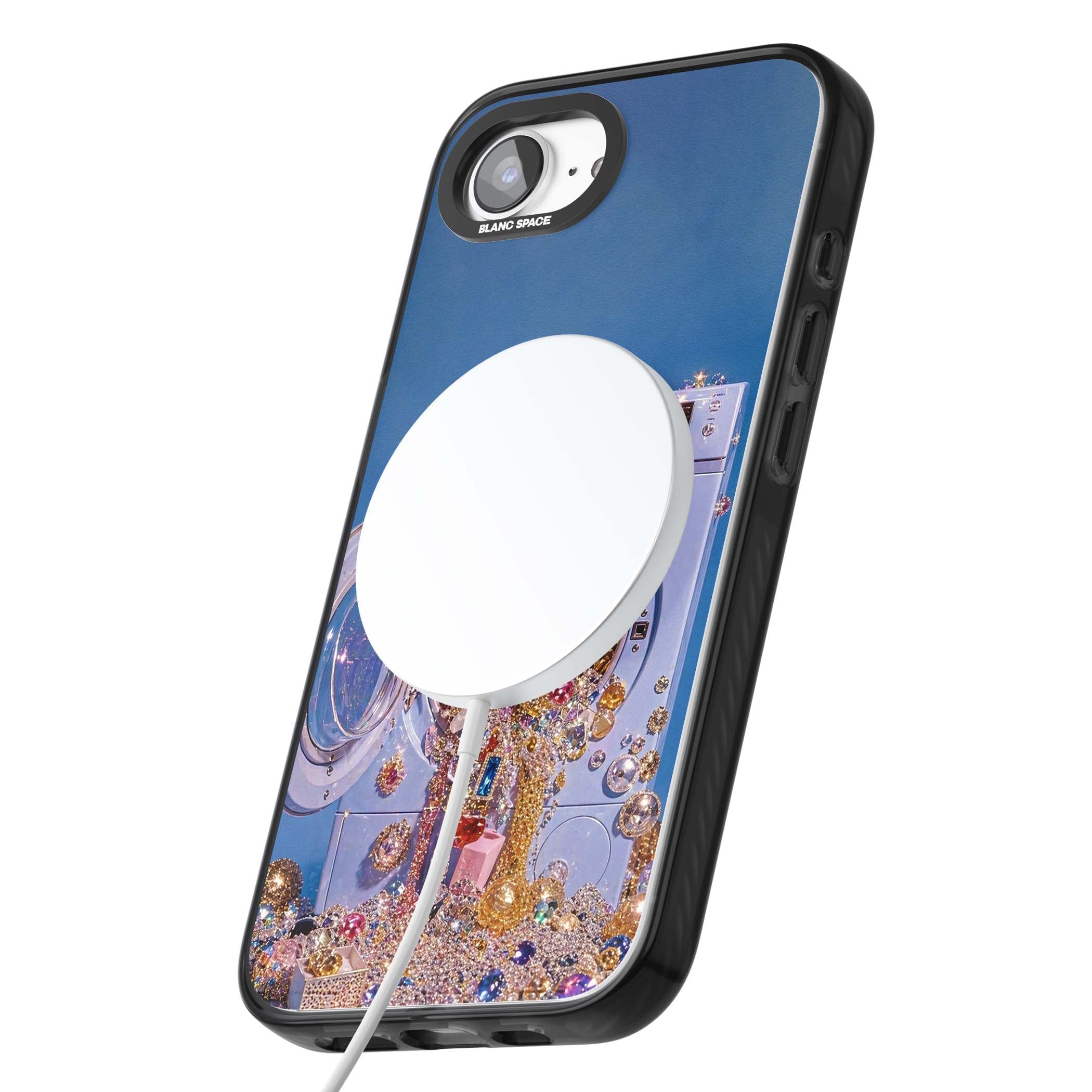 Gem Laundry baddie iPhone case featuring a surreal washing machine overflowing with colourful gemstones and crystals | Black Impact Magsafe case for iPhone 16e, iPhone 17e