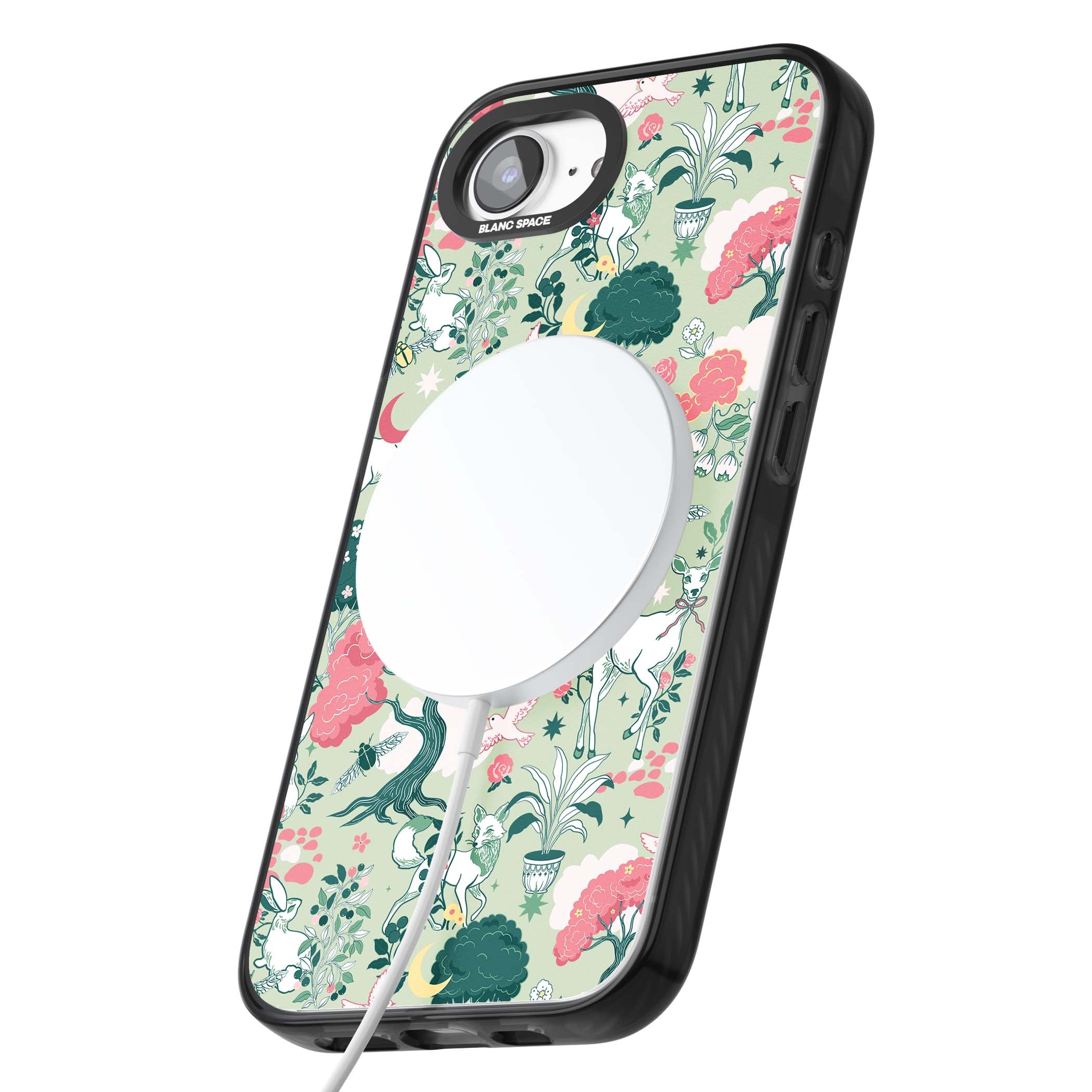 Enchanted Woodland cottagecore iPhone case featuring white deer, pink roses, mushrooms and woodland animals on sage green | Black Impact Magsafe case for iPhone 16e, iPhone 17e