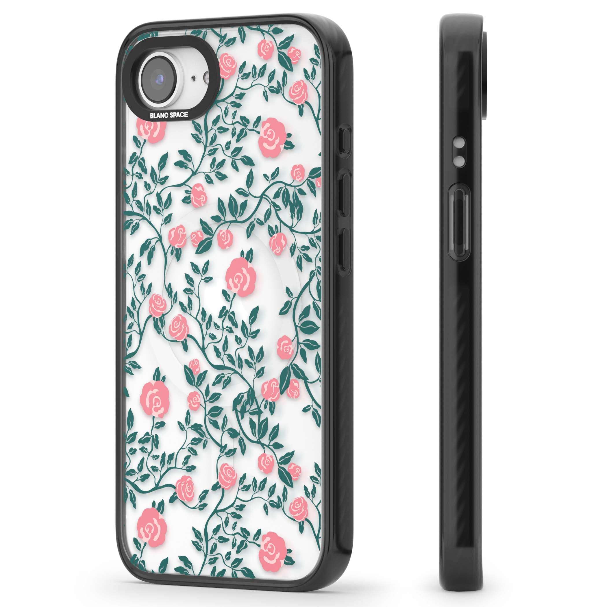 Rose Trellis (Clear) cottagecore iPhone case featuring pink climbing roses and green leaves on clear background | Black Impact Magsafe case for iPhone 16e, iPhone 17e