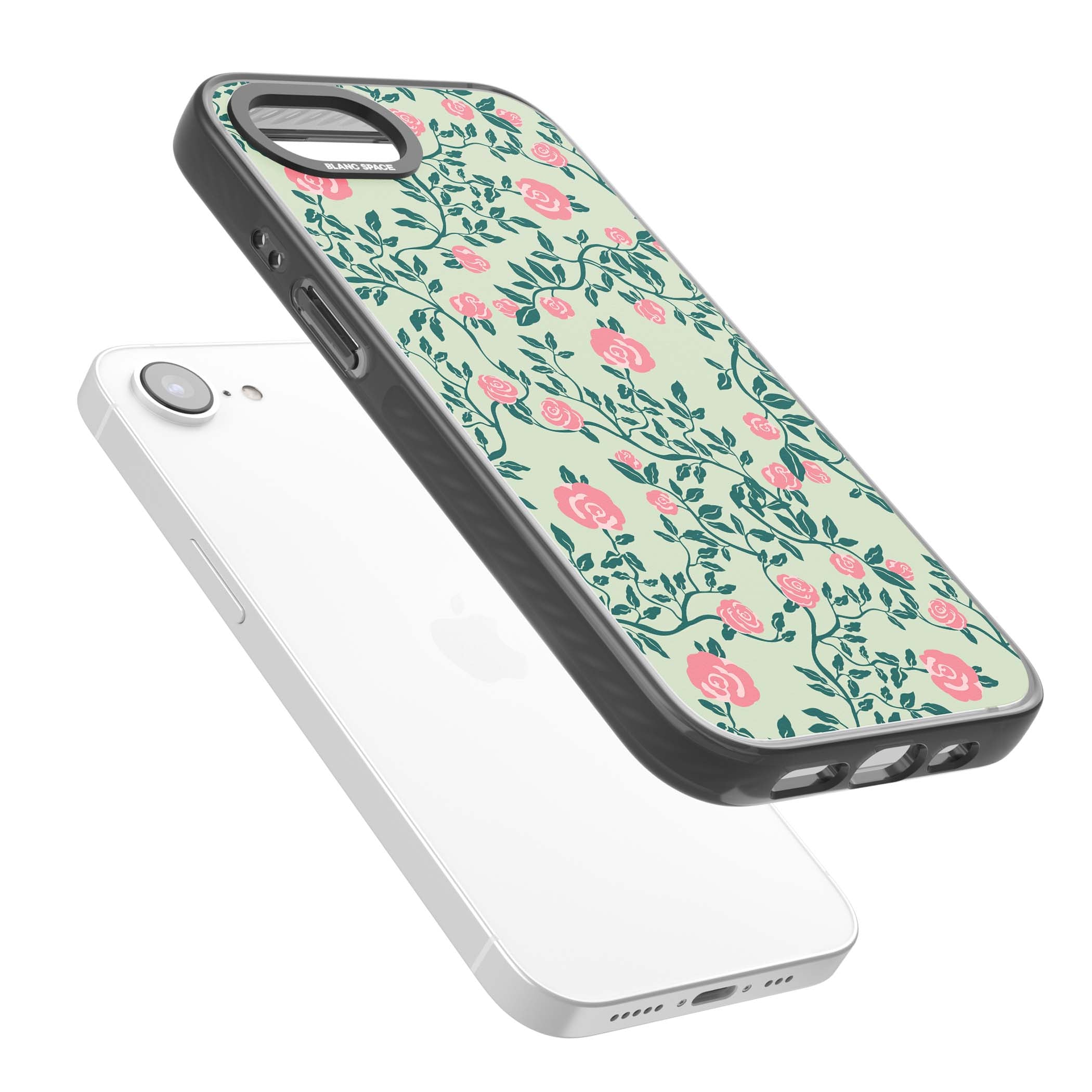 Rose Trellis cottagecore iPhone case featuring pink roses, sage green vines, and mint background | Black Impact Magsafe case for iPhone 16e, iPhone 17e