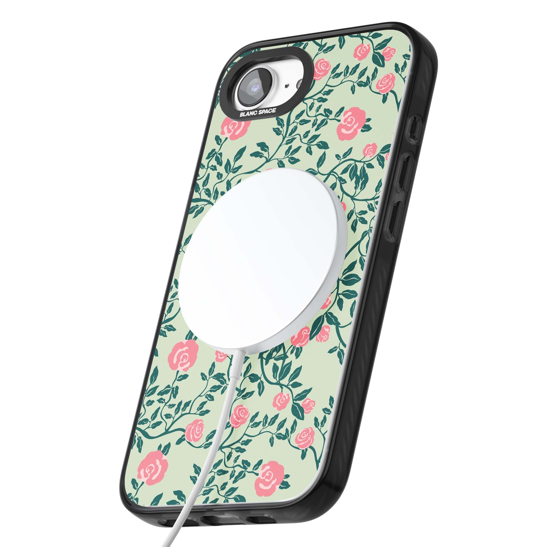 Rose Trellis cottagecore iPhone case featuring pink roses, sage green vines, and mint background | Black Impact Magsafe case for iPhone 16e, iPhone 17e