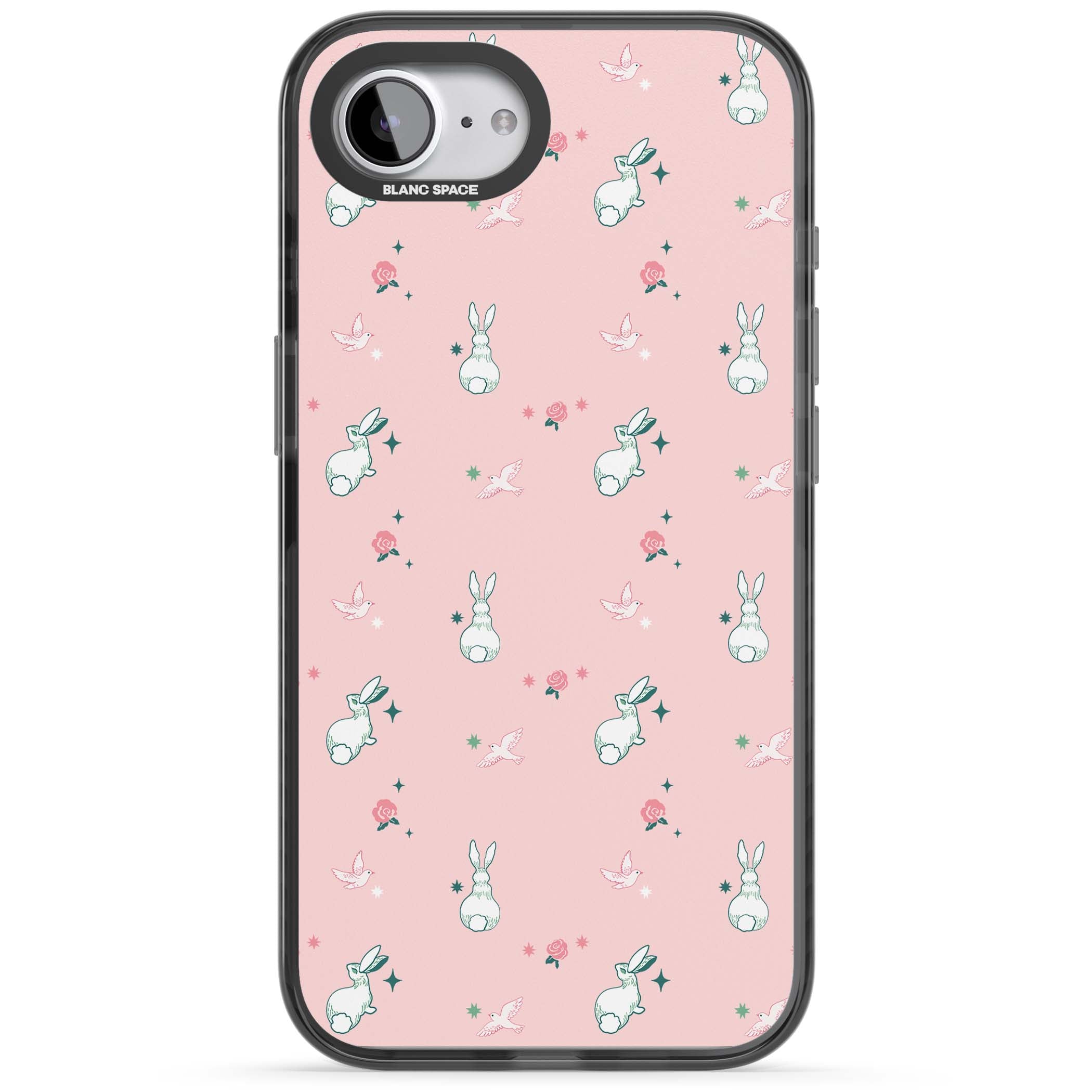 Bunny Garden kawaii iPhone case featuring white rabbits, pink roses, doves and stars on pink background | Black Impact Magsafe case for iPhone 16e, iPhone 17e